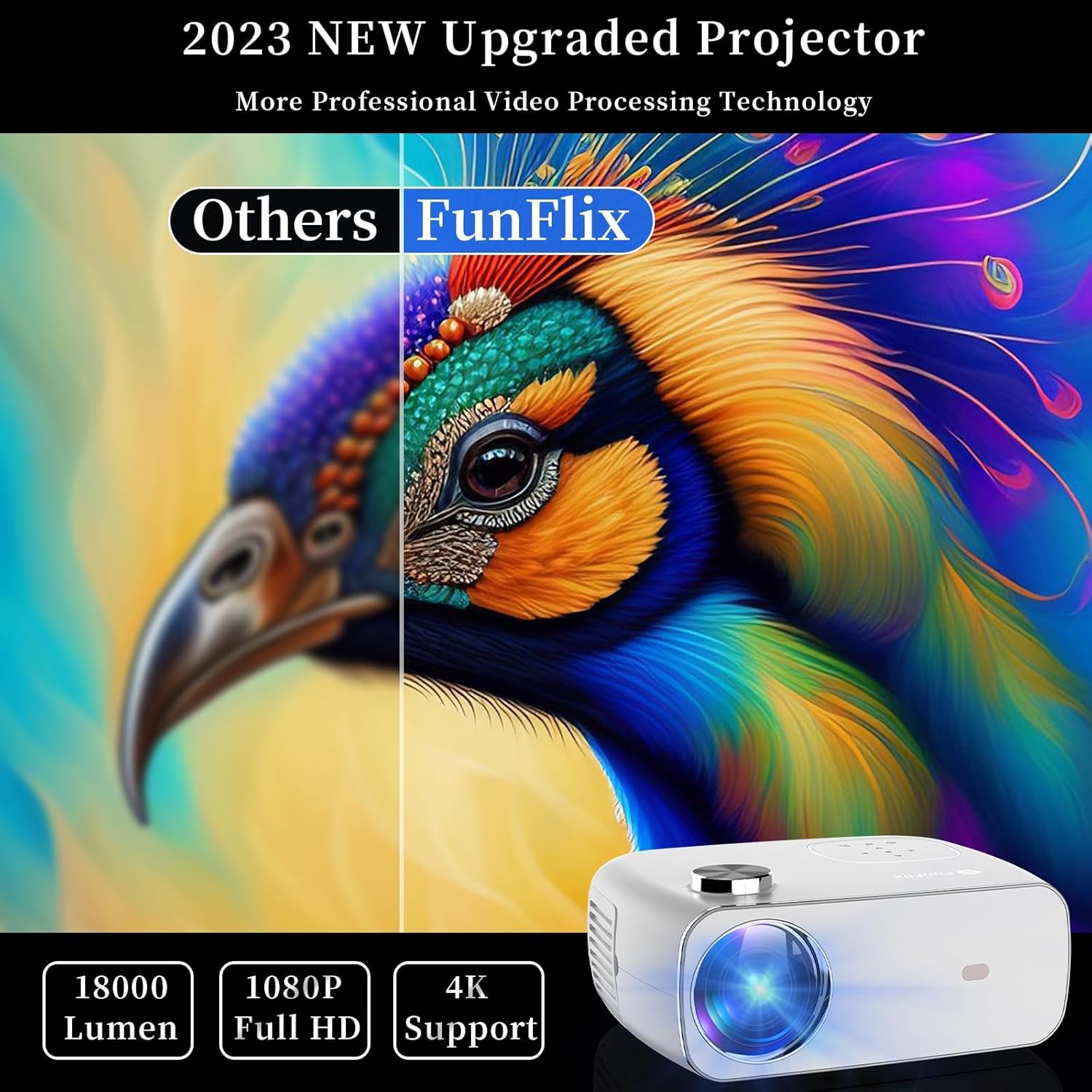 Front view of the FunFlix Native 1080P Portable Projector, highlighting its lens and compact design.