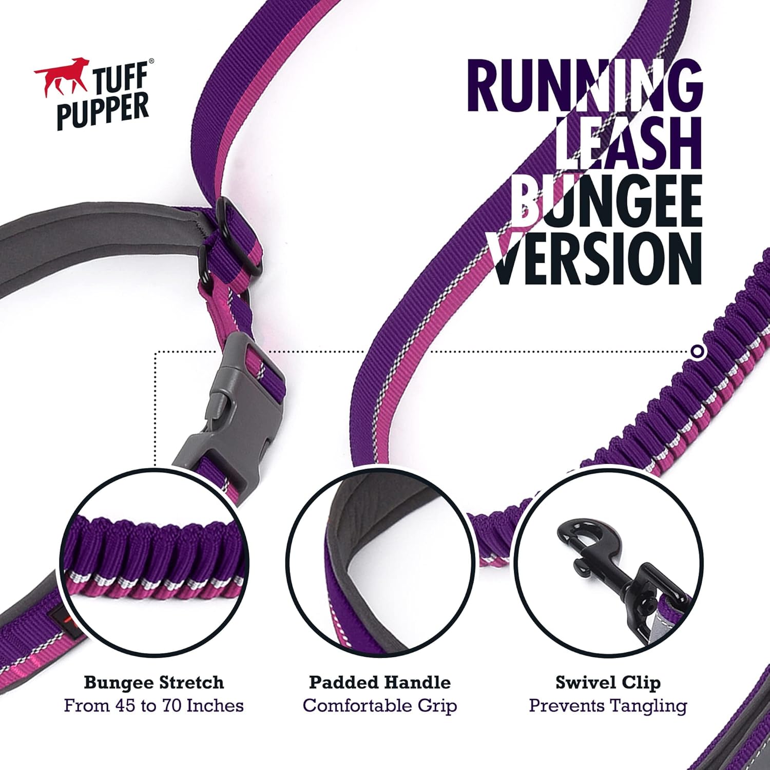 Tuff Pupper Matching Collar (15-19" Neck) and Bungee Running Leash - Punch Purple