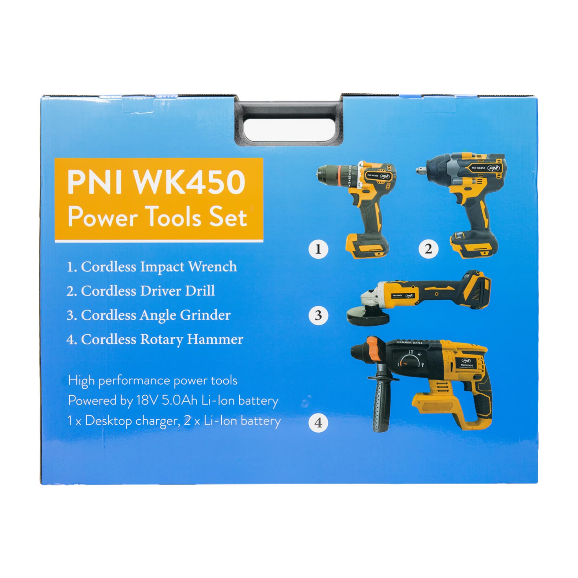 Set di utensili elettrici PNI WK450 con batterie da 18V 5.0Ah, caricabatterie incluso