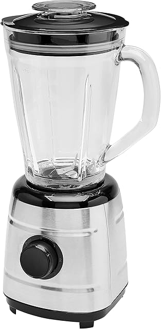 Amazon Basics 2-in-1 Blender 600W (UK Plug) with Stainless Steel Base, 1.5L Glass Jug, and 500ml Smoothie Blending Cup with Lid
