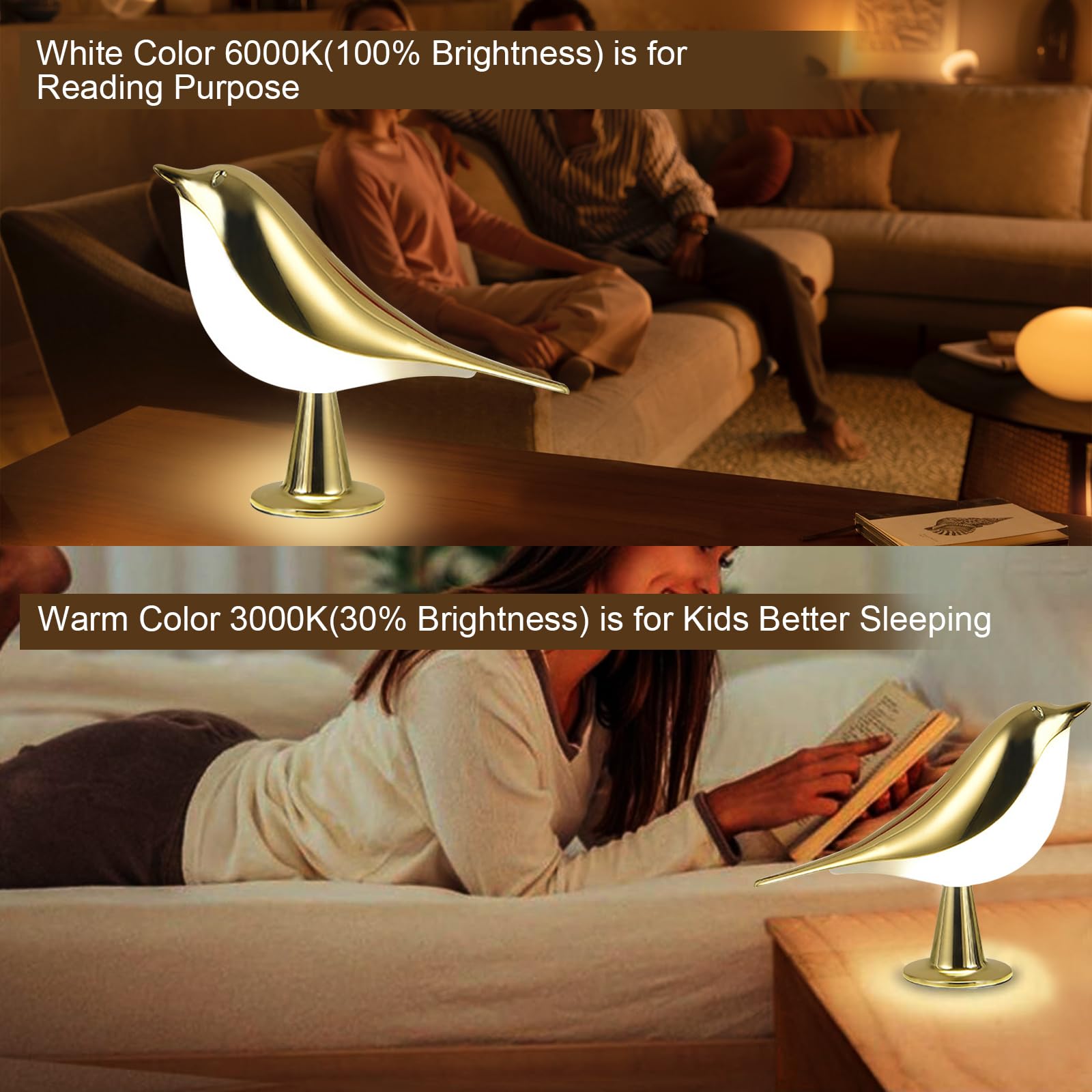 Lampara De Mesilla Táctil Dimmable Lampara De Mesa LED Diseño Pájaro Lámpara De Mesa Moderna Lámpara Pájaro Giratoria Ajustable Metal-Acrílico Lámpara De Noche Pájaro Para Dormitorio Salon,1 Bird