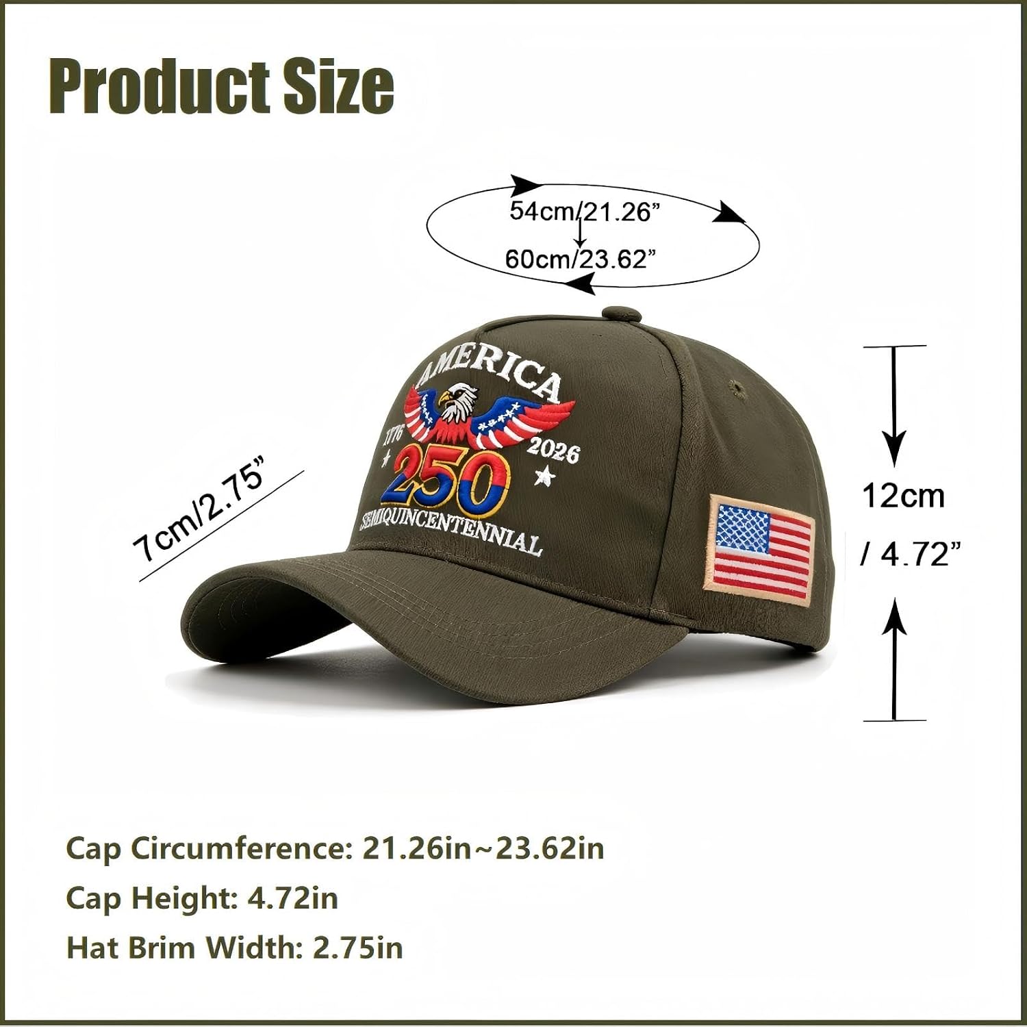 250th Anniversary USA Hat, Adjustable Embroidered Patriotic Retro Washed Baseball Caps