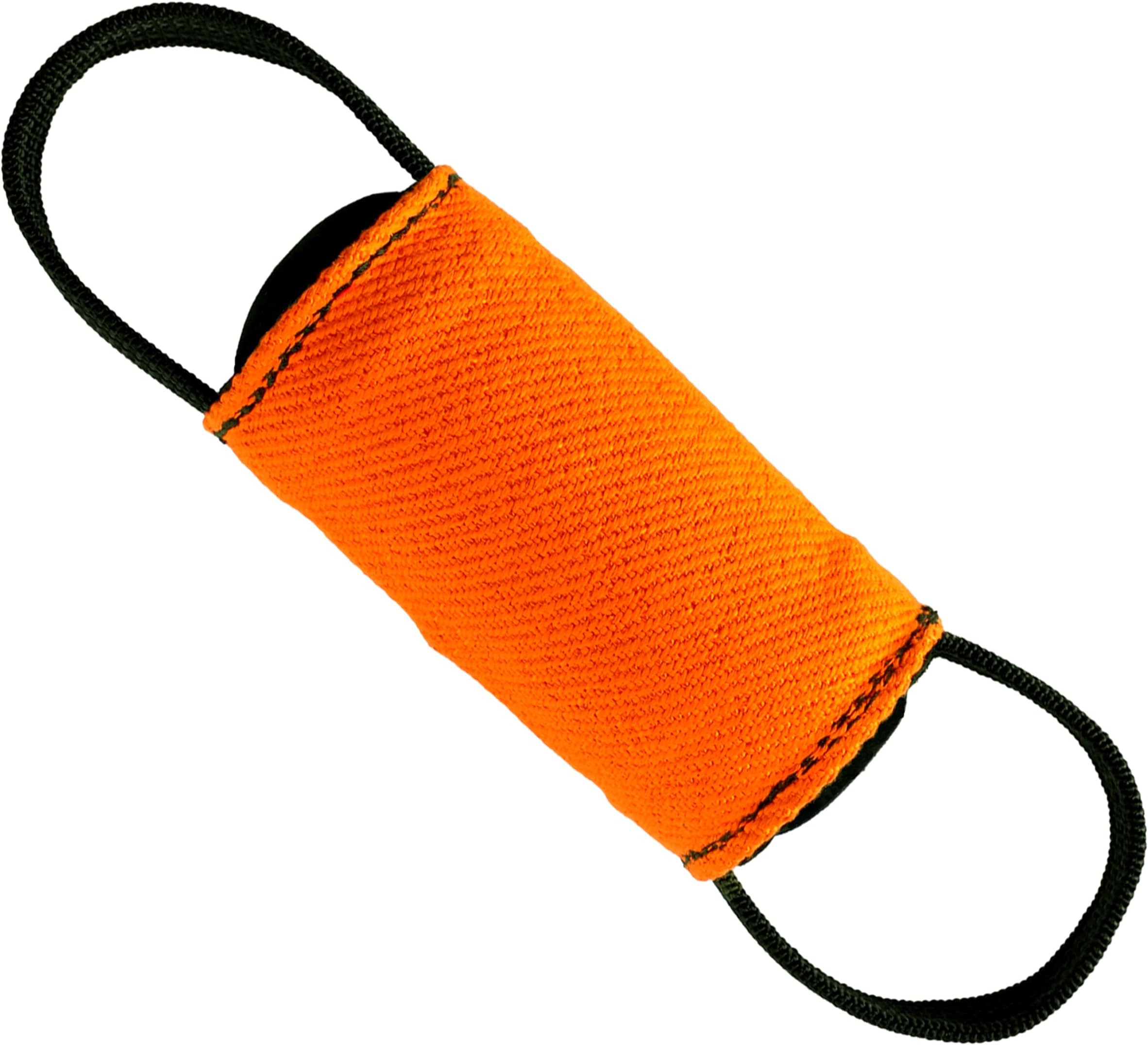 DINGO GEAR WWW.DINGOGEAR.COM 1977Training Tug Toy Cylinder-Shaped Dummy for K9, IGP, Bite Lessons, Dog Sports, Retrieve, Tug of War, Play, 2 Handles, Orange Nylcot 15 x 8 cm (S02805)