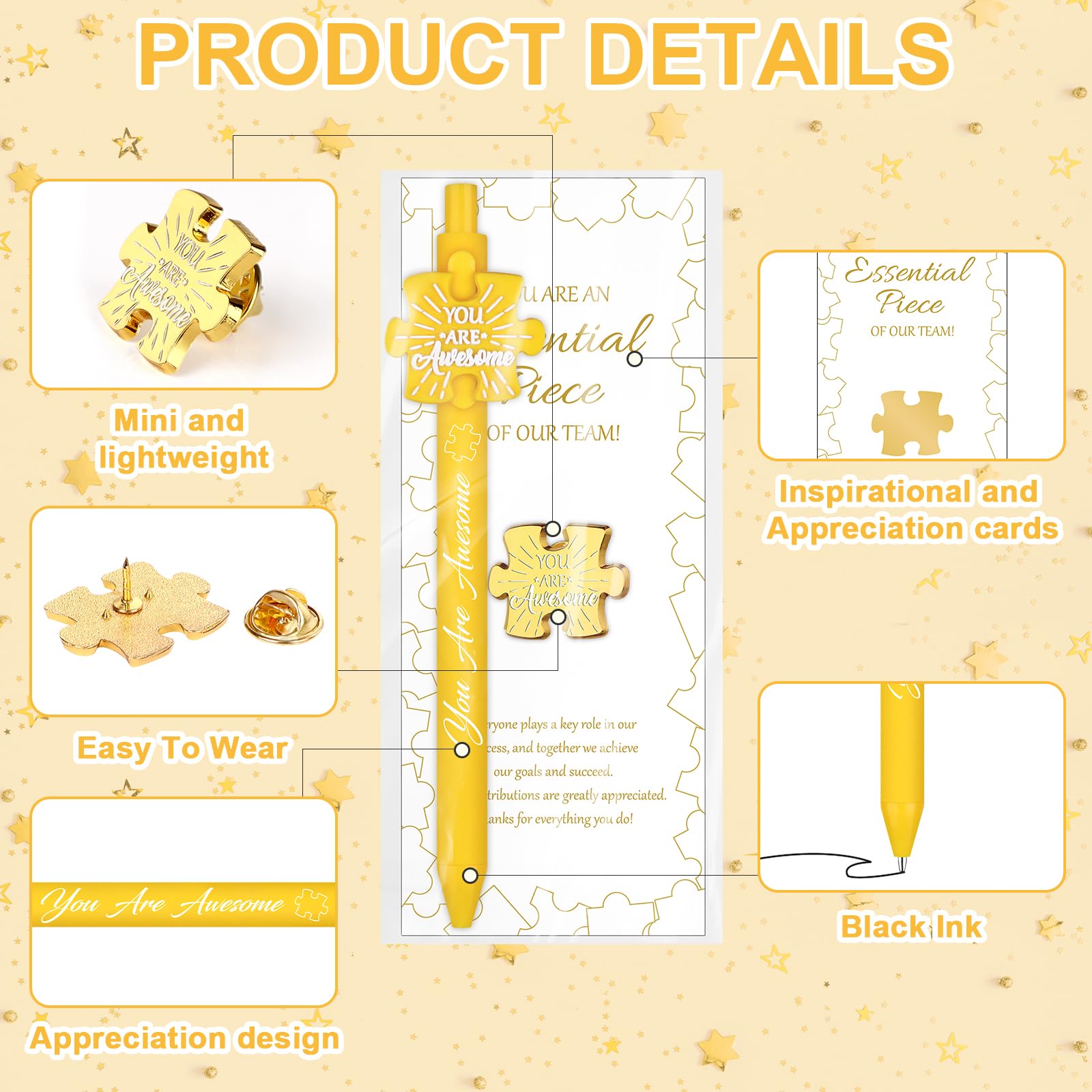 WWmily 48 Pcs Team Thank You Gifts for Employee of The Month Bulk Include Staff Appreciation Puzzle Piece Lapel Pins Inspirational Pens Cards Bags Well Done Favors for Colleague Men Women Students - Image 3