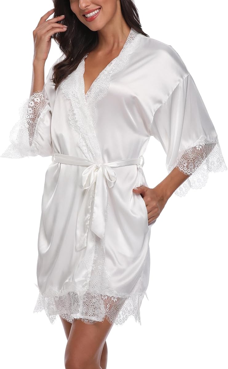 Women's Satin Robe with Lace Trim Sexy Short Silk Bridal Robes for Bride Bridesmaids Wedding Lightweight Cute Robe