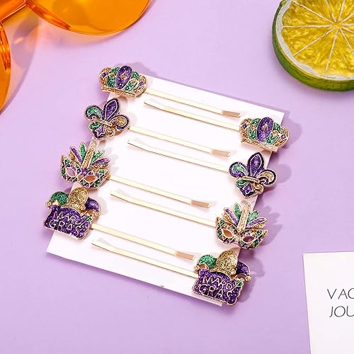 Miniatura 2 de HZEYN Paquete de 8 pinzas para el cabello Mardi Gras con purpurina para mujer diseño de flor de Lis Boppy