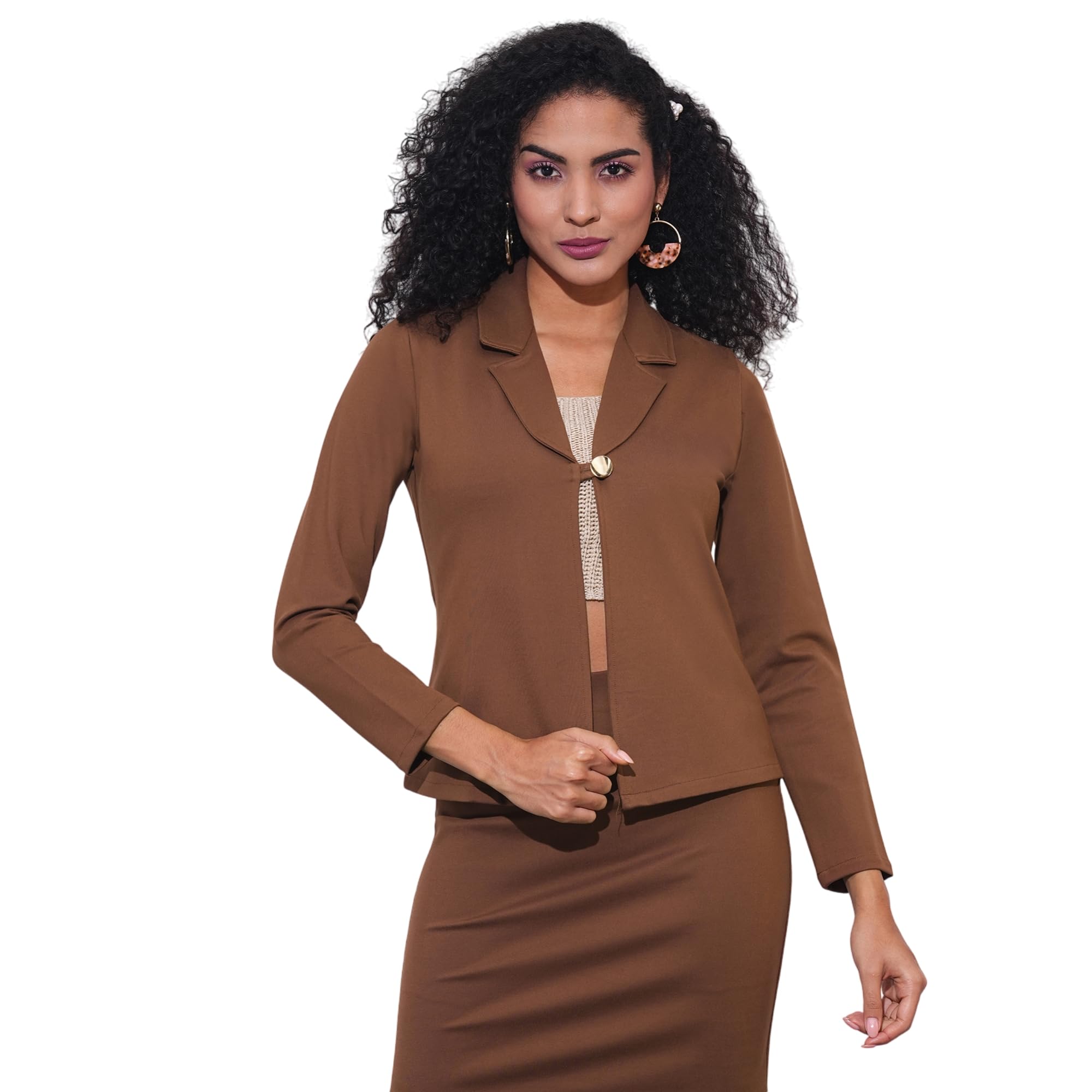 Women Notch Lapel Long Sleeves Stretchable Curved Hem Open Front Workwear Blazer Jacket-image-40