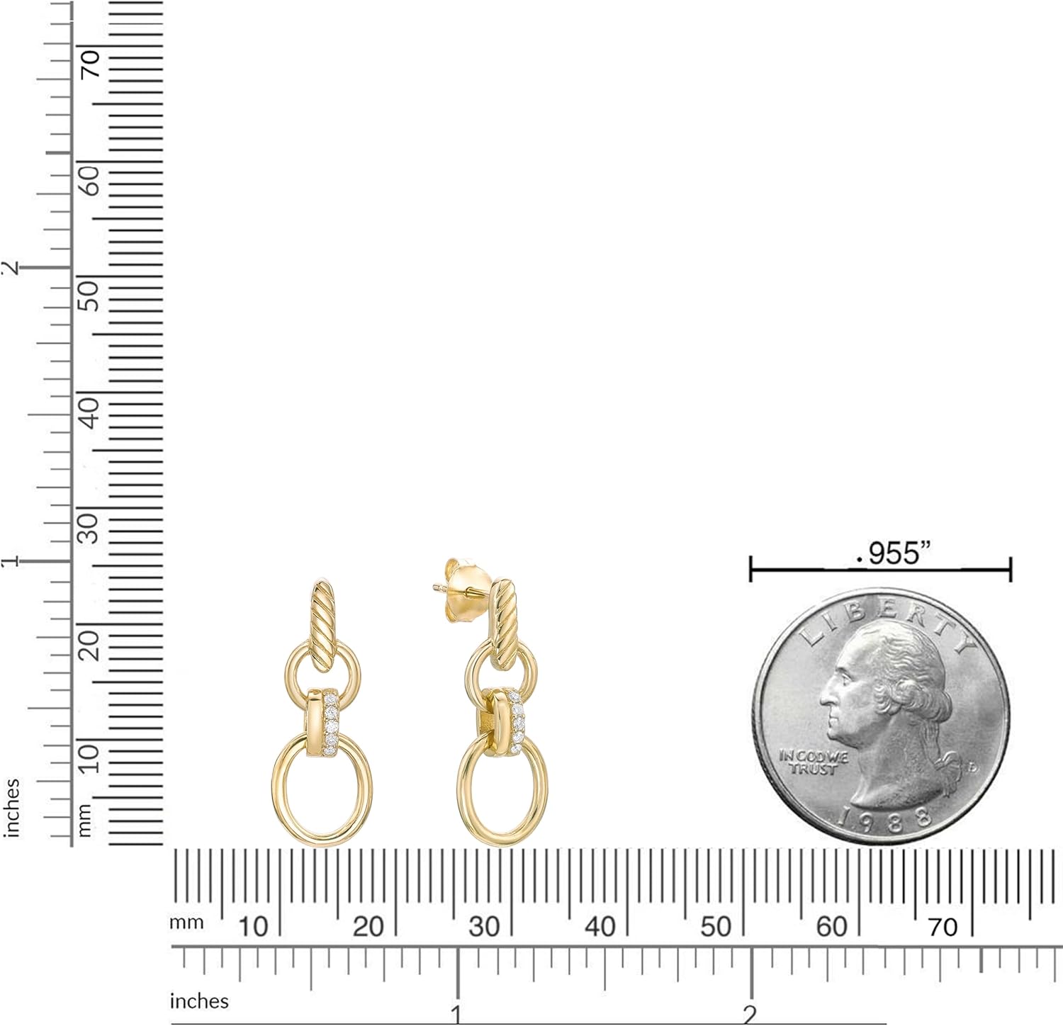Lavari Jewelers 1/20 Carat Lab Grown Diamond Dangle Earrings for Women - 18k Yellow Gold Plated 925 Sterling Silver Double Hoop Earrings for Her - Hypoallergenic Push Back Drops - Spherical Design - Image 6