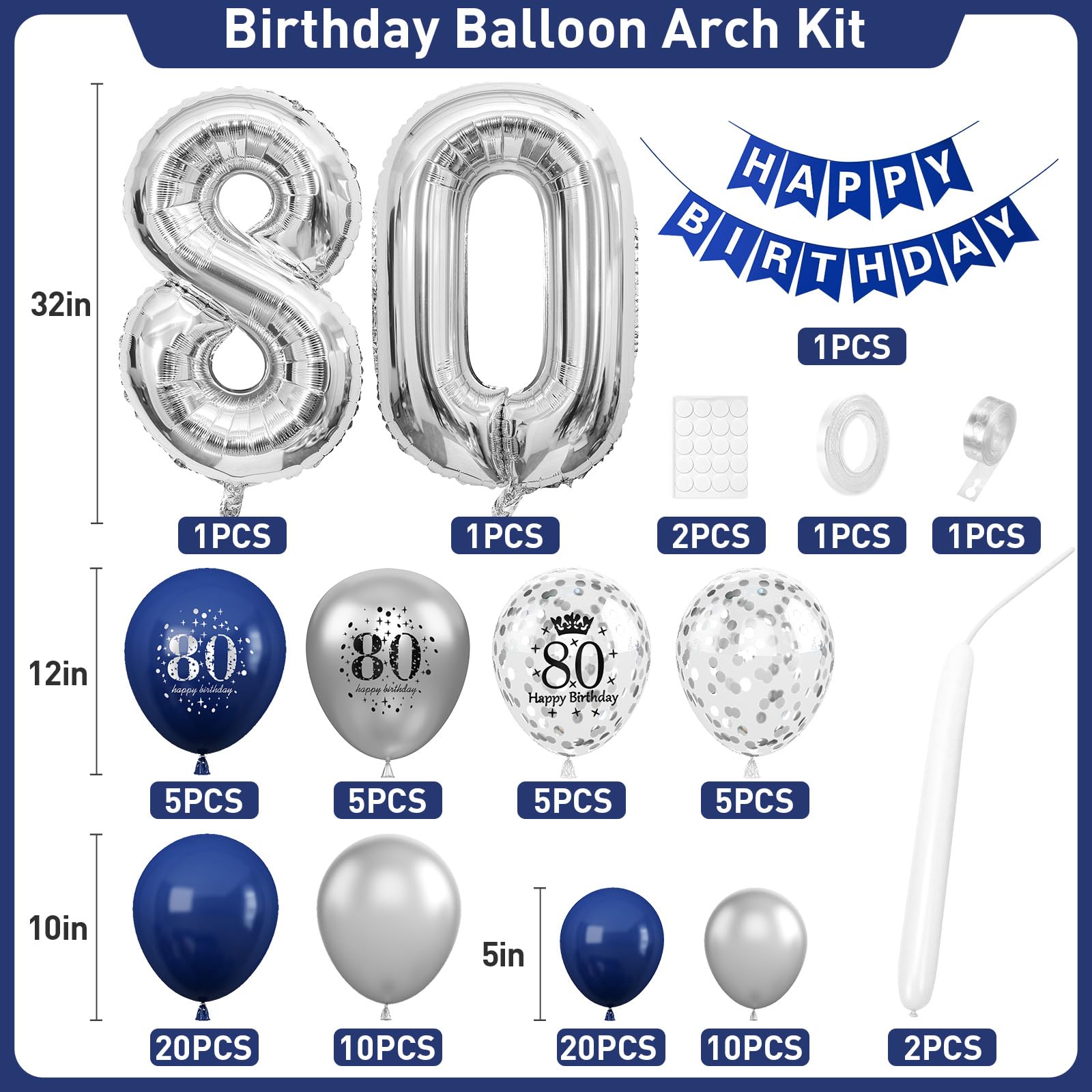80th Birthday Decorations Navy Blue Silver,80th Birthday Balloon Garland Party Decorations with Number 80 Foil balloons,Happy Birthday Banner for Men Women 80th Birthday Party Decorations