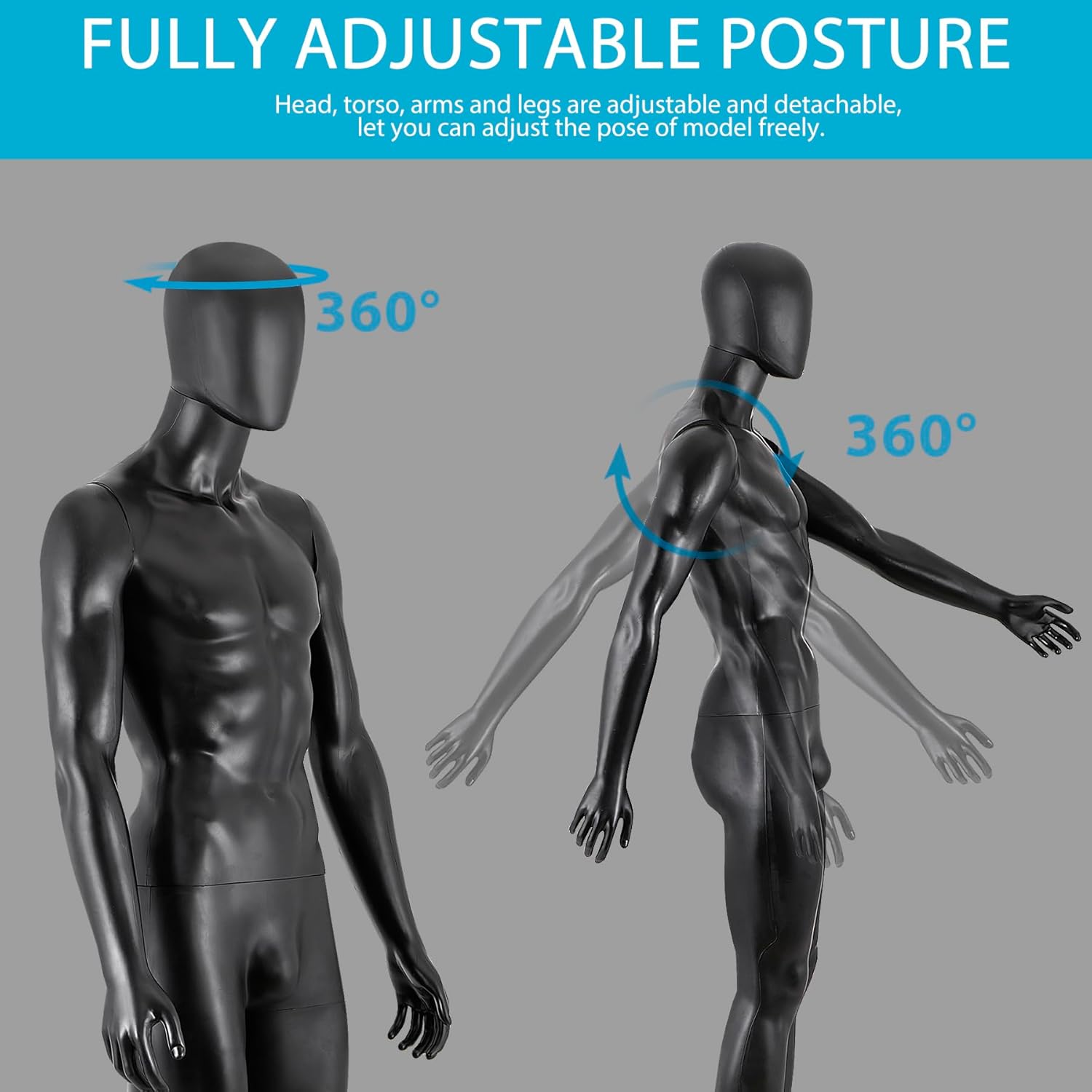 F2C Male Mannequin Full Body with Adjustable Posture, 73/70 Inches Male Form Mannequin Model Stand for Retail Clothing Shops (Black, 73 Inch)