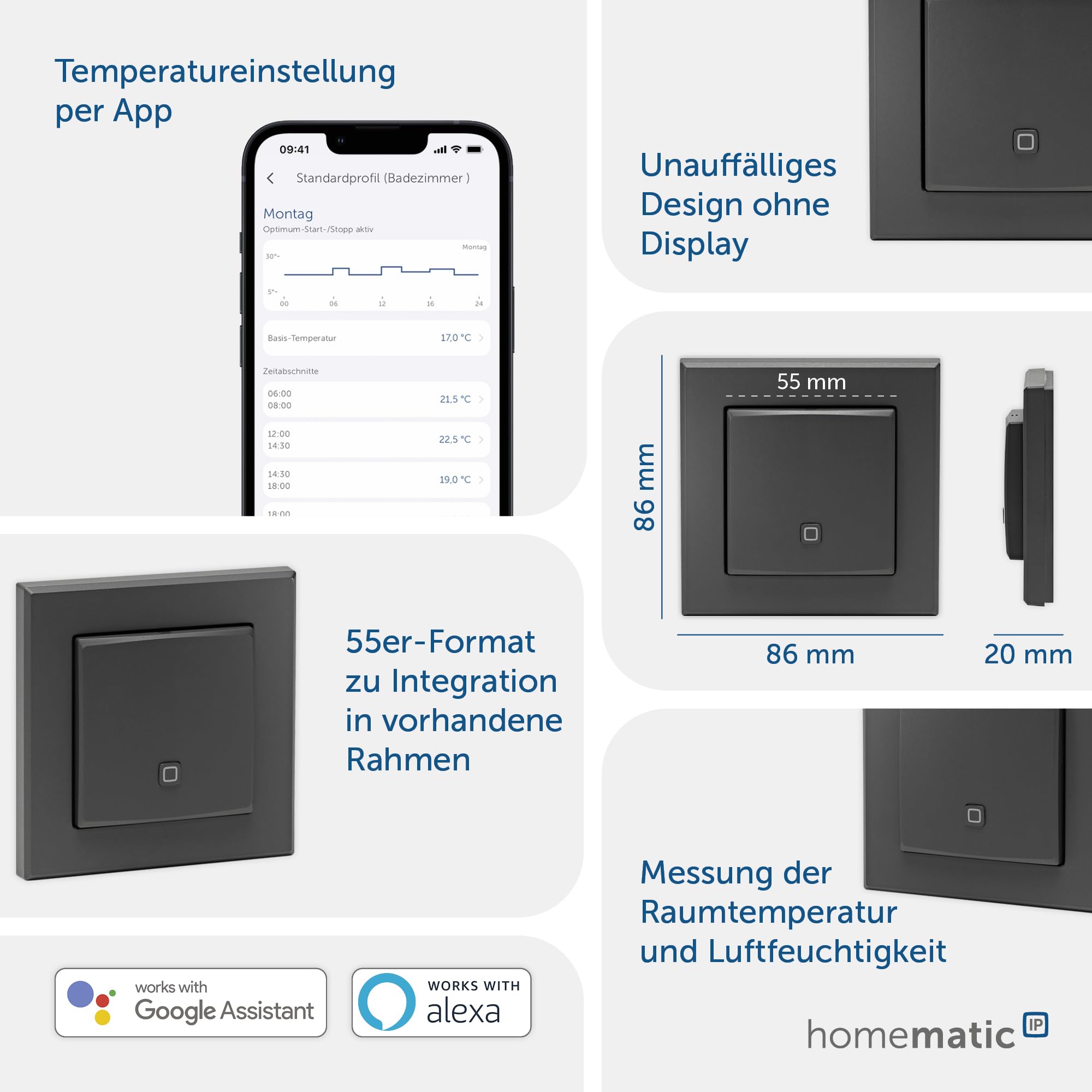 Homematic IP Smart Home Temperature and Humidity Sensor - Indoor, Digitally Controls Radiator/Underfloor Heating Via App, Alexa, Google Assistant, Energy Saving, Anthracite, 160530A0