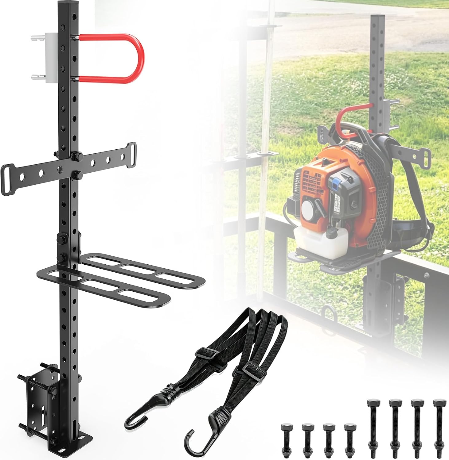 Backpack Blower Rack with Lock, Adjustable Fits 16"-25" Blowers,Black