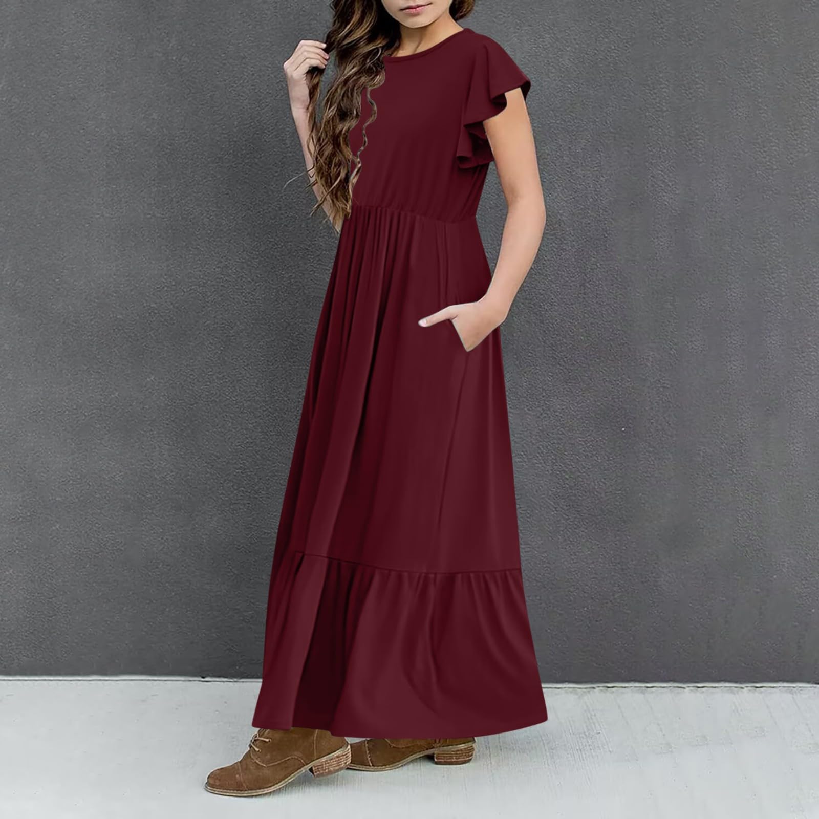 Vestito estivo casual da bambina, con maniche a volant, linea ad A, maxi abito per bambini, morbido e confortevole, con tasche, da spiaggia