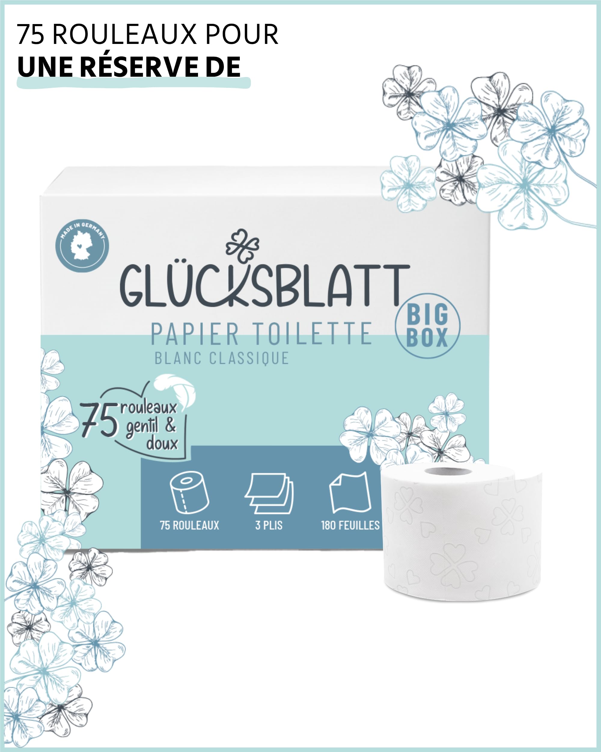 Glücksblatt Boîte de Papier Toilette Blanc 3 Plis, 75 Rouleaux x 180 Feuilles, 100% Cellulose, Super Doux, Grand Format Pack Économique XXL pour Famille et Professionnels