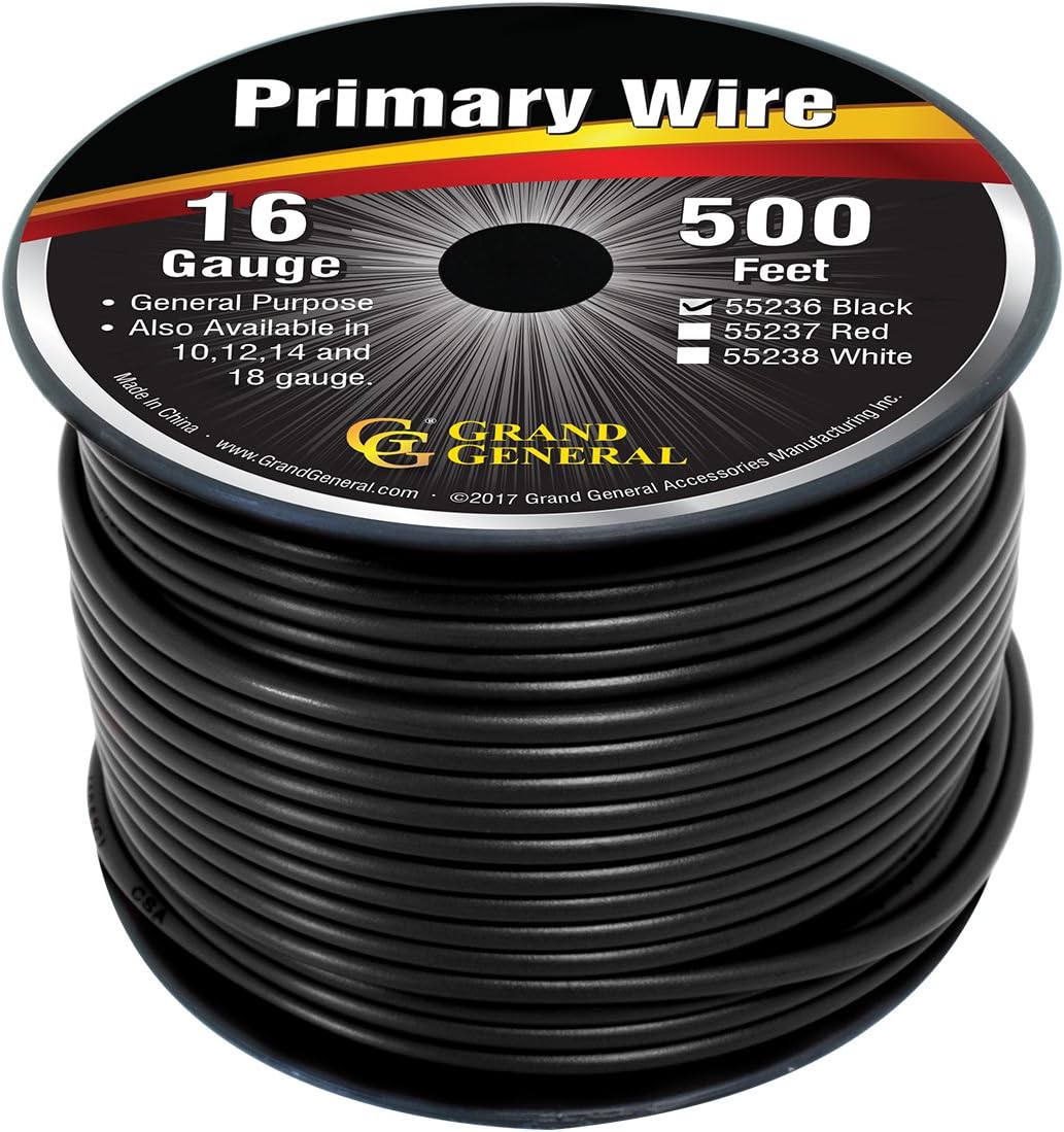 Grand General 55236 Primary Wire 500ft Roll (with Spool for trucks, automobile and more, Black)