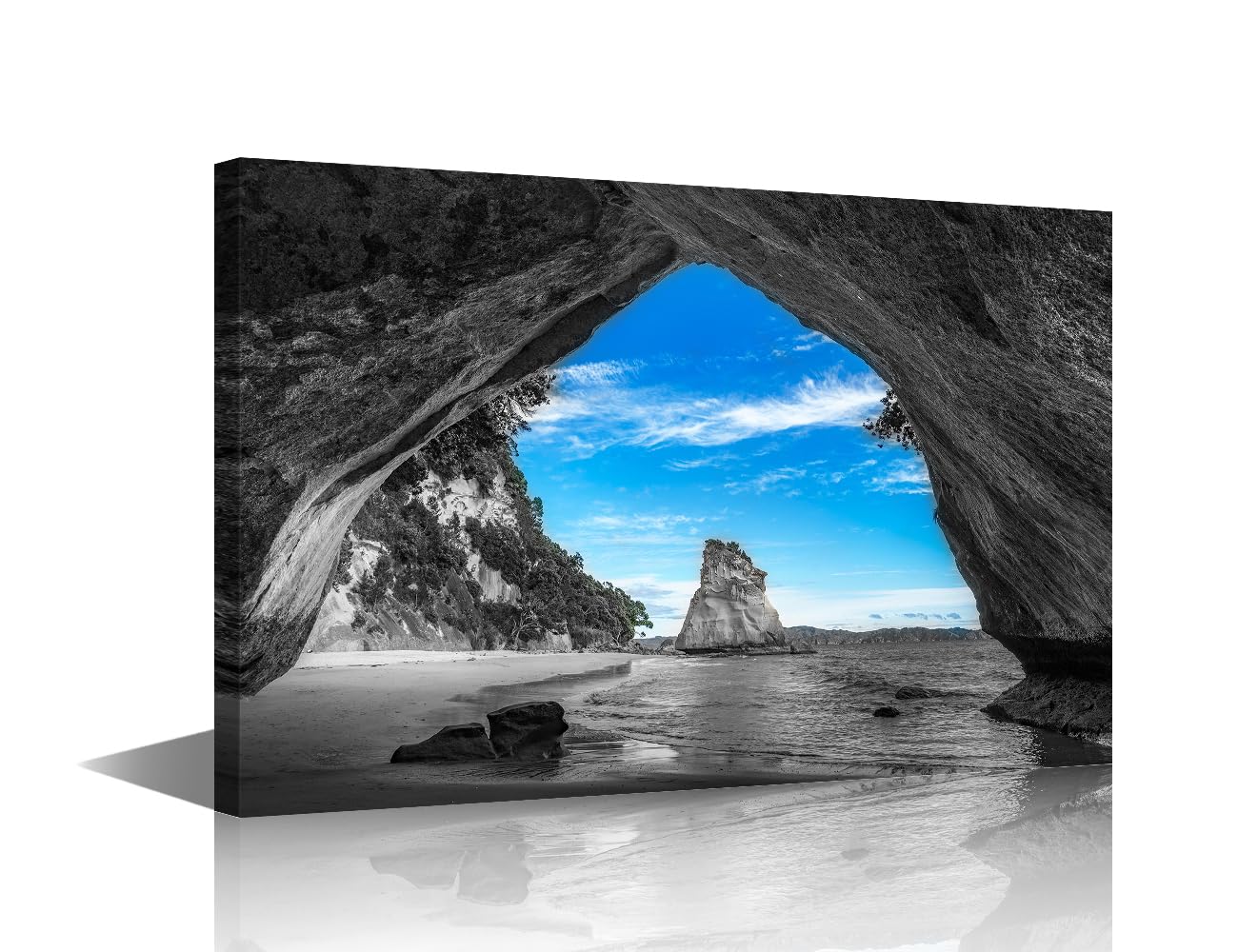 TISHIRON Canvas Wall Art Cave at Cathedral Cove Coromandel Painting for Living Room Bedroom Bathroom Black and White Hang Pictures Wall Artwork Office Prints Framed Ready to Hang 12x18inch โ image 1