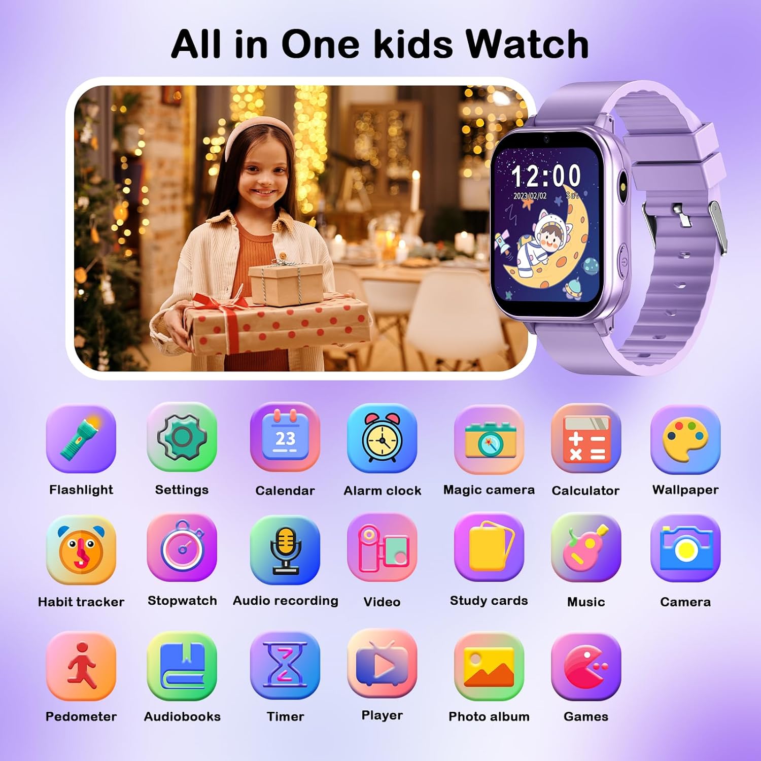 A young girl holding a wrapped gift, with a purple PTHTECHUS A22 Smart Watch displaying a cartoon rabbit, and a grid of icons representing various watch functions like flashlight, settings, calendar, alarm clock, magic camera, calculator, wallpaper, habit tracker, stopwatch, audio recording, video, study cards, music, camera, pedometer, audiobooks, timer, player, photo album, and games.
