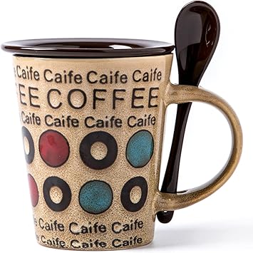12 oz Coffee Mugs with Handle Tea Cup - with Spoon & Cup lid Novelty Coffee Cup Idea Gift for Men Women Office Work Khaki