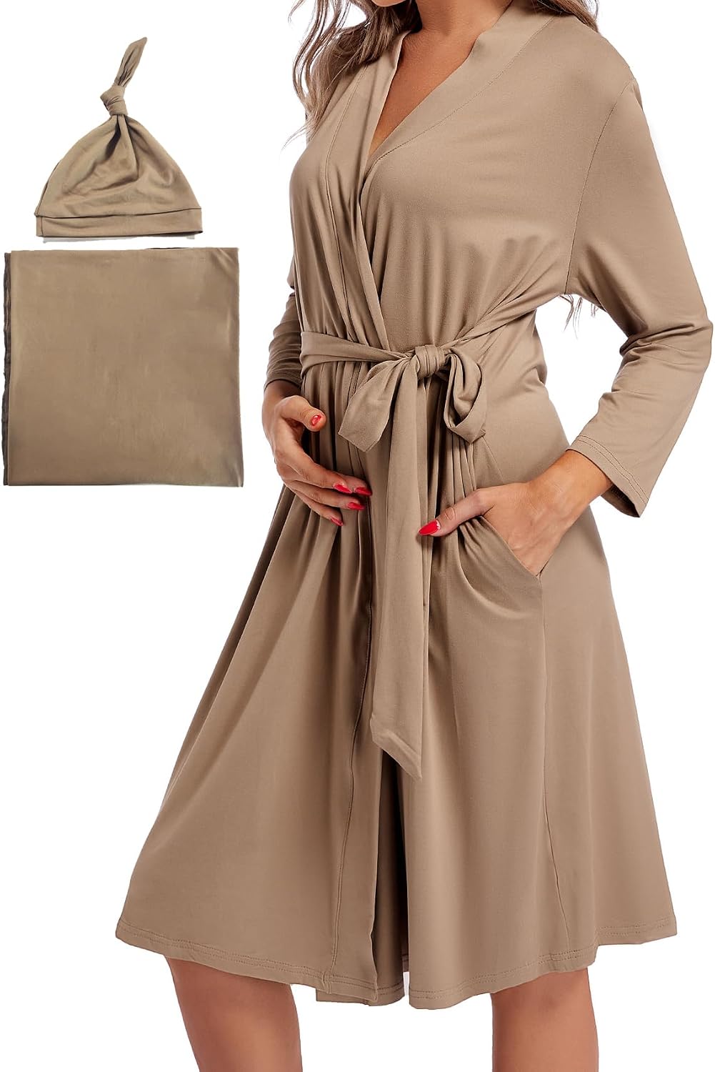 SUFEINI Maternity Mommy Robes with Matching Swaddle Blanket Set, Maternity Mommy Postpartum Bathrobe Sleepwear