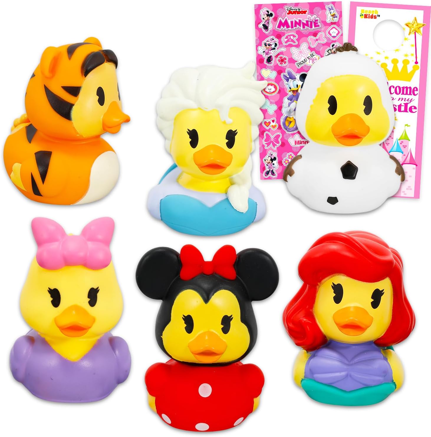 Disney Duckaloos Collection Set - Bundle with 6 Disney Rubber Duck Mini Figures for Kids, Adults Featuring Olaf, Elsa, Ariel, Tigger, Minnie, Daisy Plus Stickers, More | Collectible Duckalooz