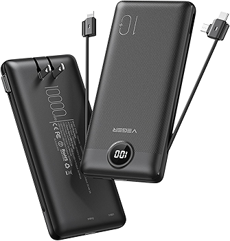 VEGER Slim Portable Charger with Built-in Cables and Wall Plug for iPhone & More