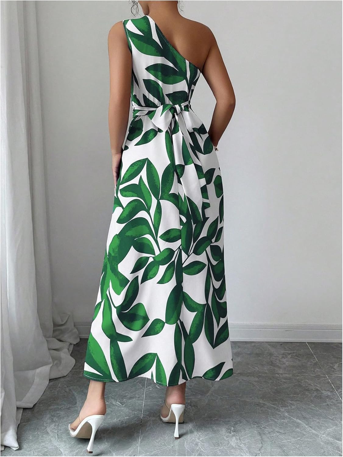OYOANGLE Women's One Shoulder Slit Thigh Belted Maxi Dress Graphic Elegant Flowy Vacation Sundress - Image 3