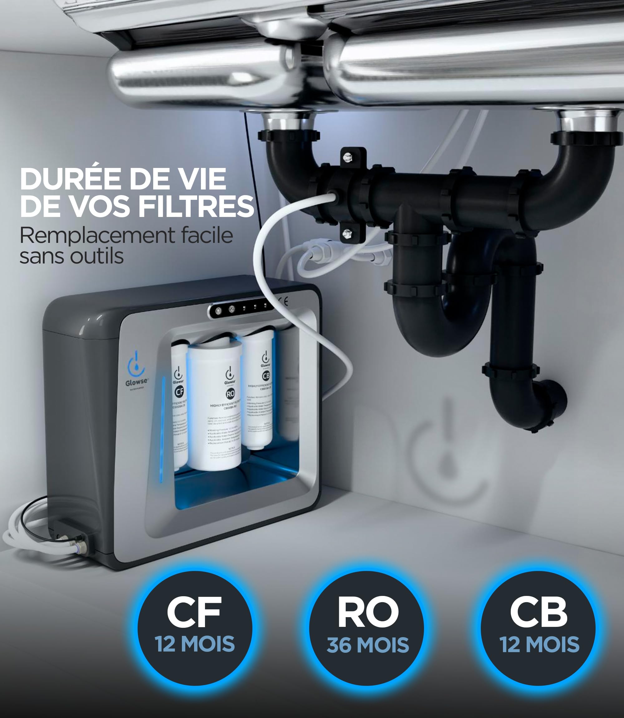 PR600 Osmoseur Inverse Domestique 7 Étapes Sans Réservoir Sous Évier | Sans réservoir, sous évier, robinet digital TDS, alerte changement filtre, installation facile