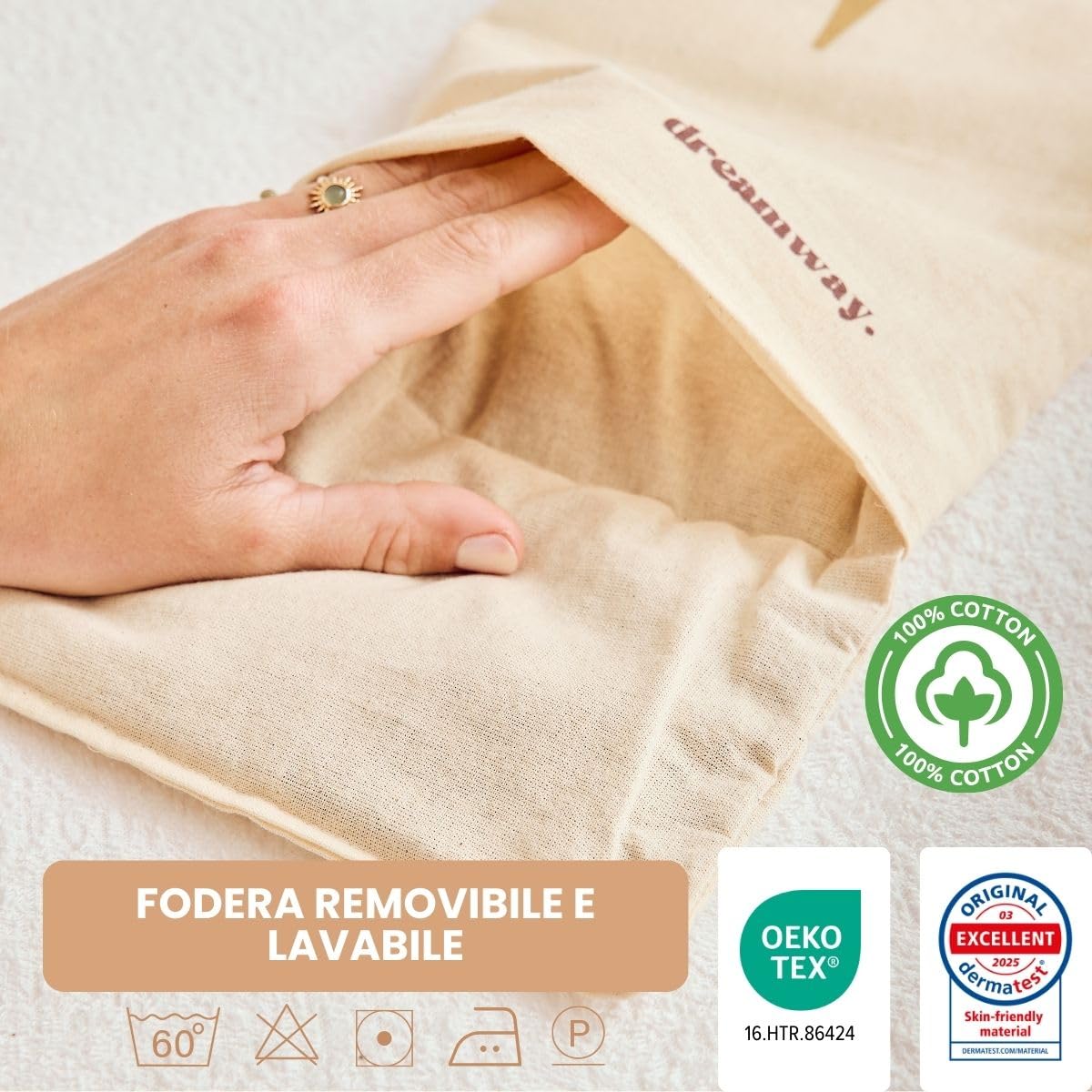 Dreamway - Cuscino riscaldante per microonde con semi di grano 21x21 cm - Cuscino termico naturale per dolori al collo, schiena e spalle - Fodera lavabile 100% cotone