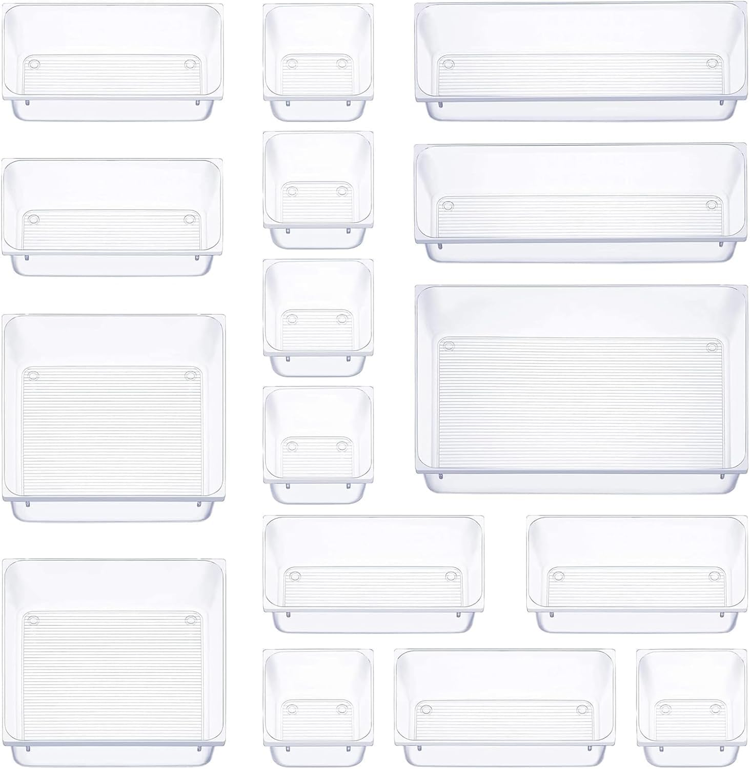 Clear Plastic Drawer Organizers Set, 5-Size Versatile Bathroom and Vanity Drawer Organizer Trays, Storage Bins for Makeup, Bedroom, Kitchen Gadgets Utensils and Office (Pack of 16)