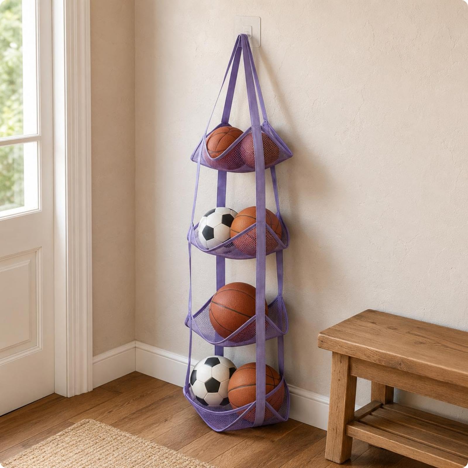 Ball Storage Bag Multiple Pockets Mesh Hanging Bag Strapping Sports Item Organizer for Rear Door Purple 4 Layers-image-46