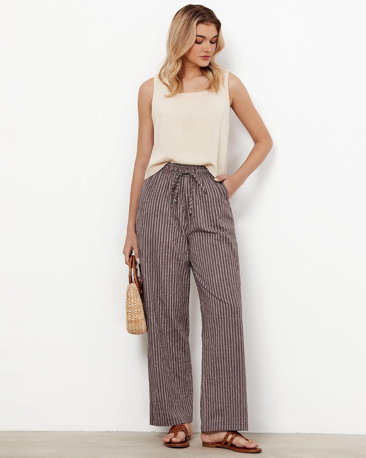 GRAPENT Striped Pants for Women High Waisted Wide Leg Cotton Linen Trendy Beach Pull on Elastic Waist Casual Flowy Pants