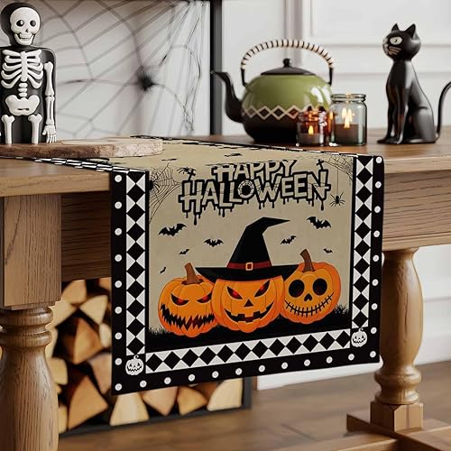 Vista 2 de Camino de mesa de Halloween, 36 pulgadas de largo, casa encantada, camino de mesa de calabaza, camino de mesa de cocina, comedor, tocador, bufandas