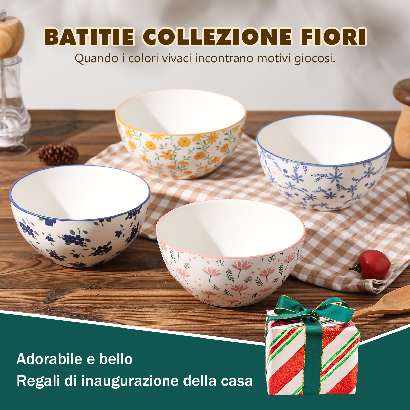 Ciotola Colazione Cereali Ciotole Ceramica - Set di 4 Scodelle Zuppa Colorate con Motivi Floreali - Scodella Porcellana per Insalata | Poke | Ramen | Minestra | Macedonia | Brodo - 15 cm - 700 ml