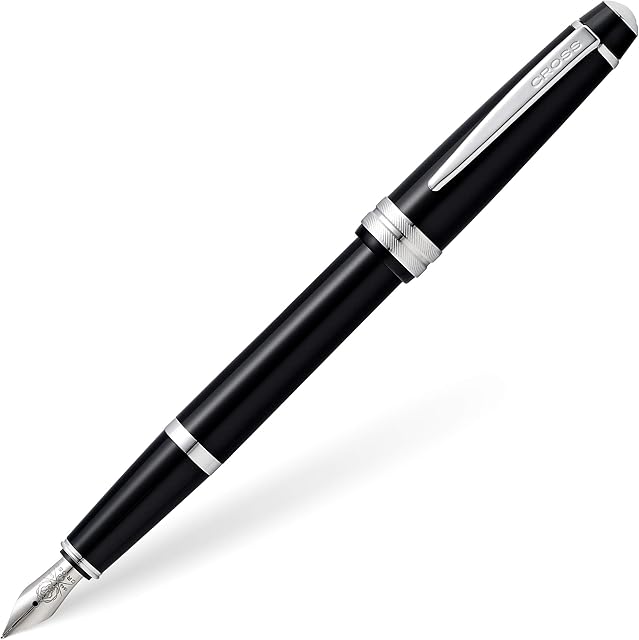 CROSS Bailey Light Click-Off Cap Plastic Fountain Pen with Resin Finish, Medium Gel Ink Fountain, includes Premium Gift Box and Black Cartridge, 1 Pack, Polished Black