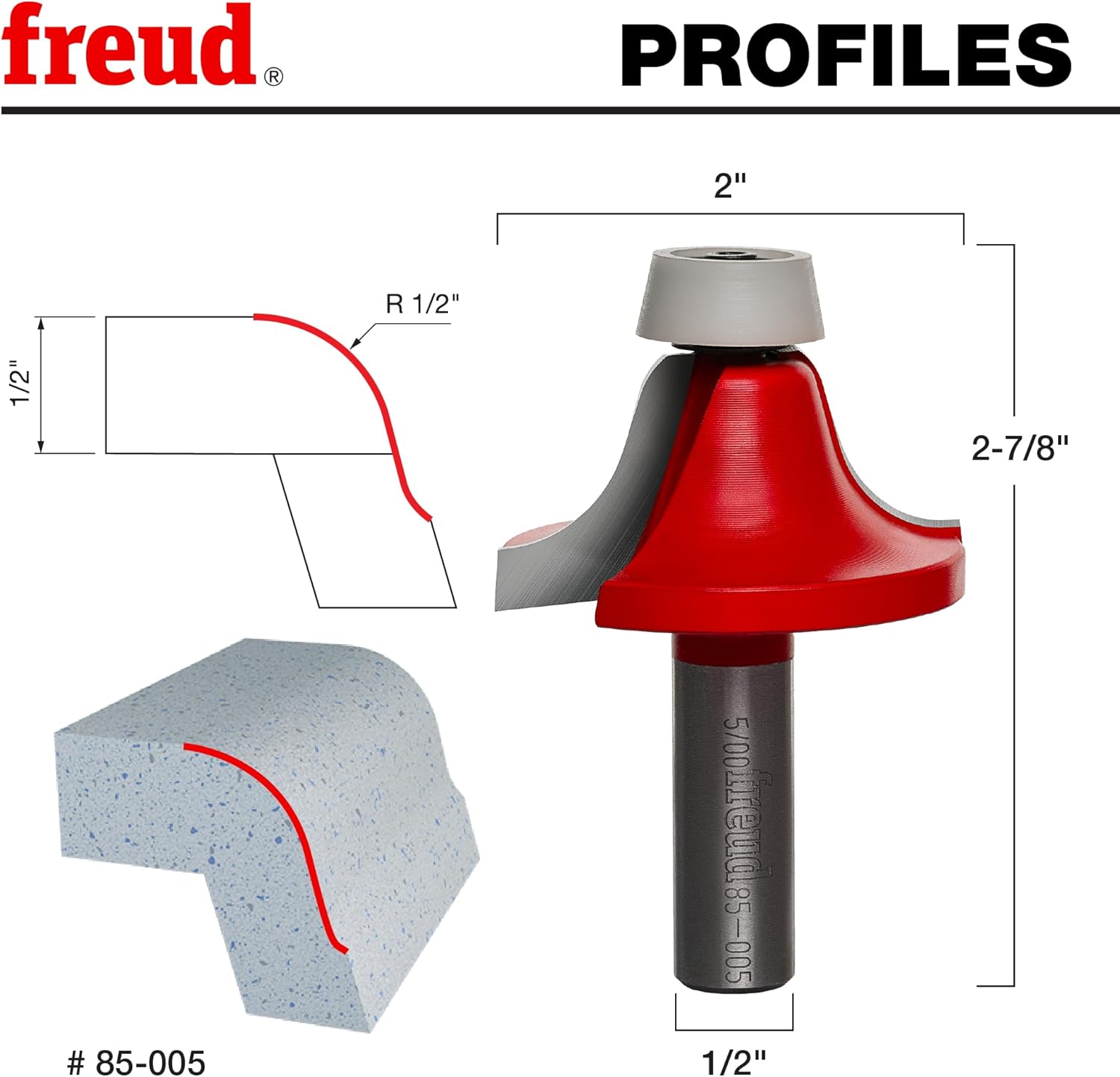 Freud 85-005: 1/2" Radius Ogee Bowl Bit with 1/2" shank, 2-7/8" overall length