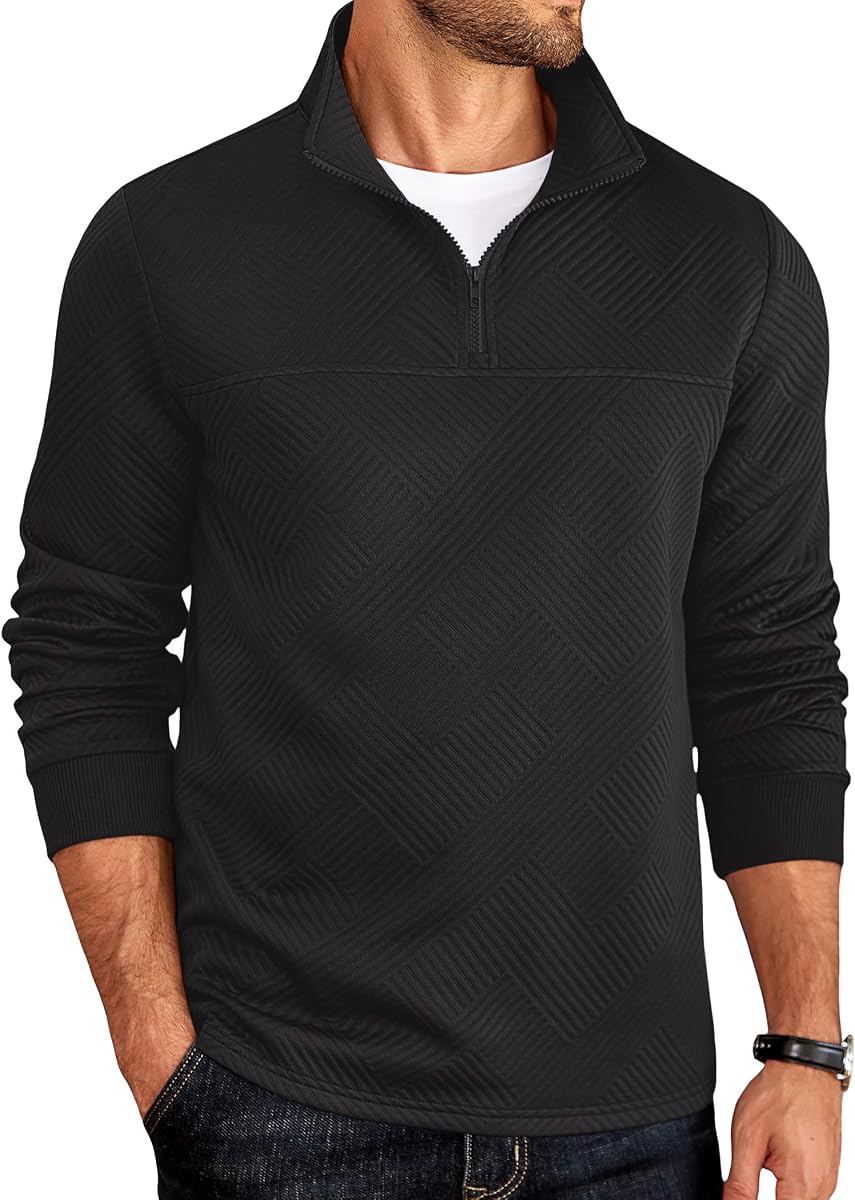 COOFANDY Men's Quarter Zip Pullover Lightweight Textured Sweatshirt Long Sleeve Casual Mock Neck Polo Shirts