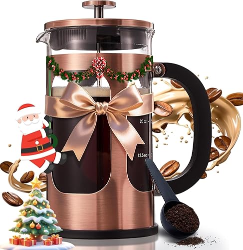 BAYKA 34oz 1 Liter French Press Coffee Maker, Christmas Coffee Lover Gifts Basket Set, Heat Resistant Thickened Borosilicate Glass Stainless Steel Brewer, Cold Brew Cafetera Teapot for Kitchen, Copper - Copper - 34 oz