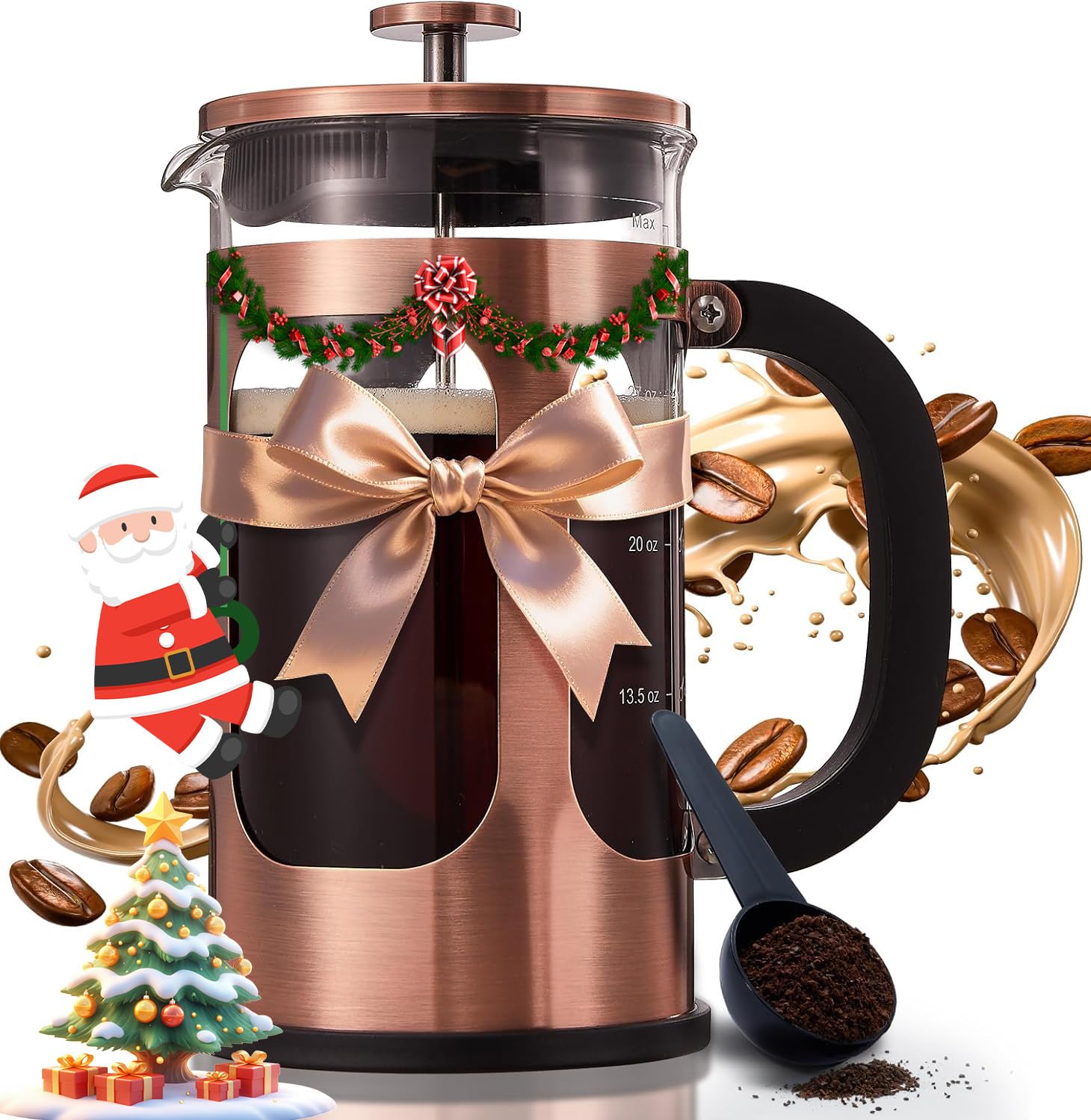 BAYKA French Press Coffee Maker 34 Ounce 1 Liter, Borosilicate Glass Stainless Steel Brewer, Large Portable Cold Brew Cafetera Teapot for Kitchen Travel Camping Coffee Bar Accessories, Dark Pewter: Copper 34 oz