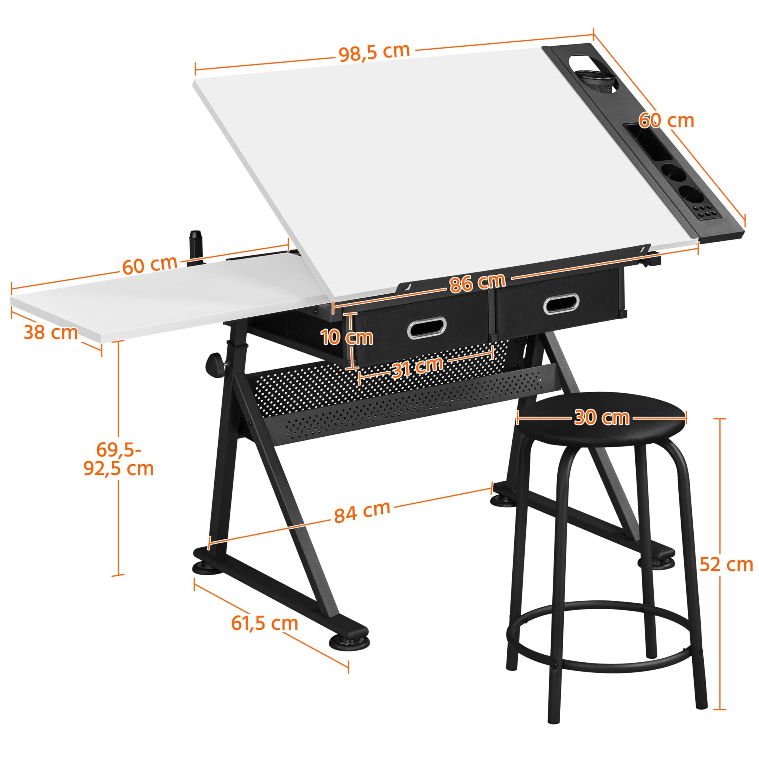 Yaheetech Table à Dessin Inclinable Hauteur Réglable avec Tabouret et 2 Tiroirs Compartiments à Crayons Bureau pour Dessinateur Peintre Ingénieur Artiste Blanc