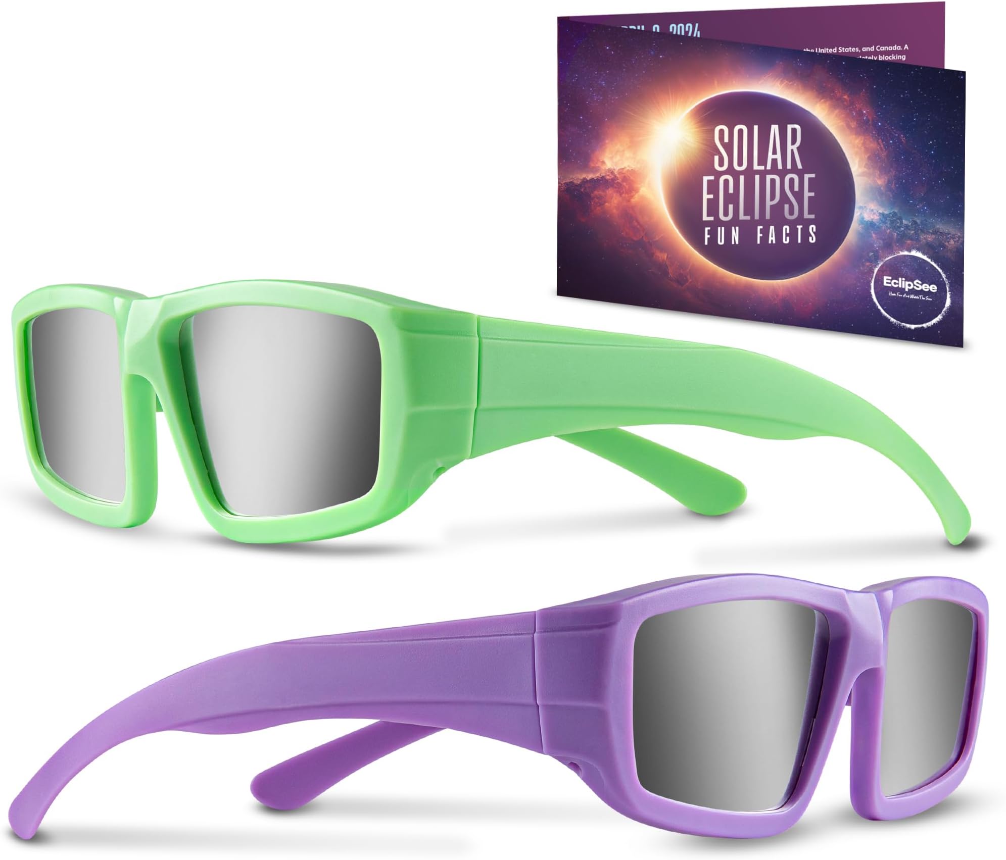 Eclipsee Solar Eclipse Glasses Approved Plastic Solar Eclipse Viewing Glasses - CE & ISO Certified Solar Eclipse Glasses, Solar Eclipse Sunglasses for Kids & Adults - Colorful, 2-Pack Solar Glasses