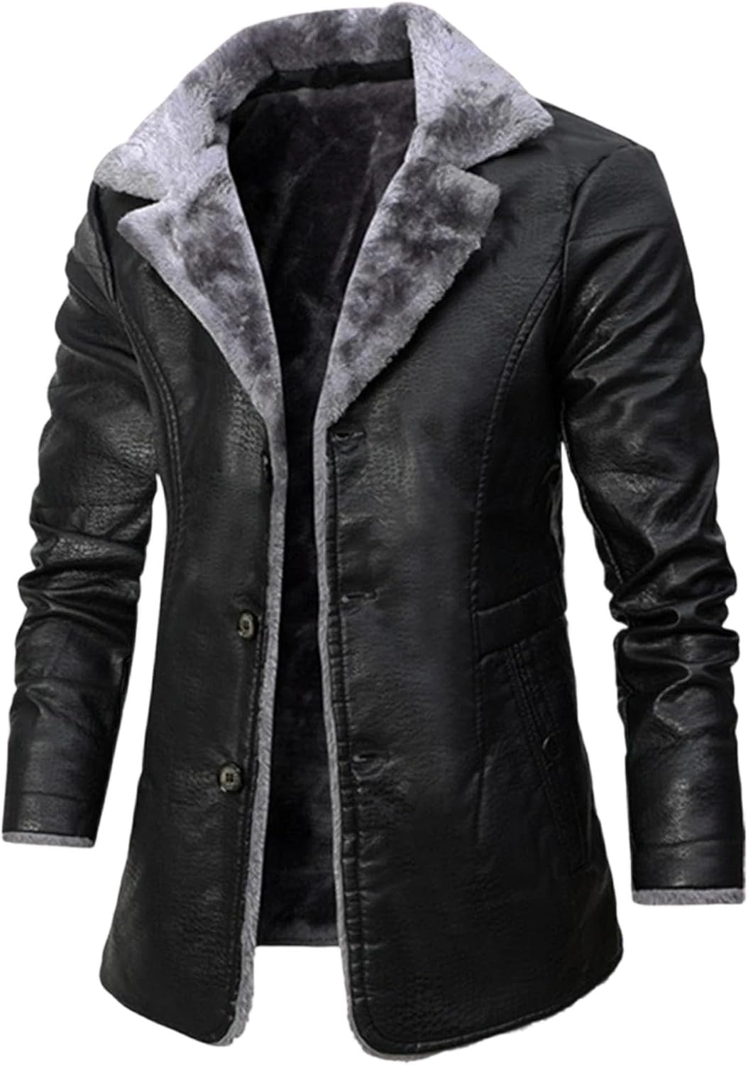 Maiyifu-GJ Men's Faux Leather Motorcycle Jacket Outerwear Winter Warm Fleece Lined Jackets Vintage Lapel Zip-Up Biker Coat