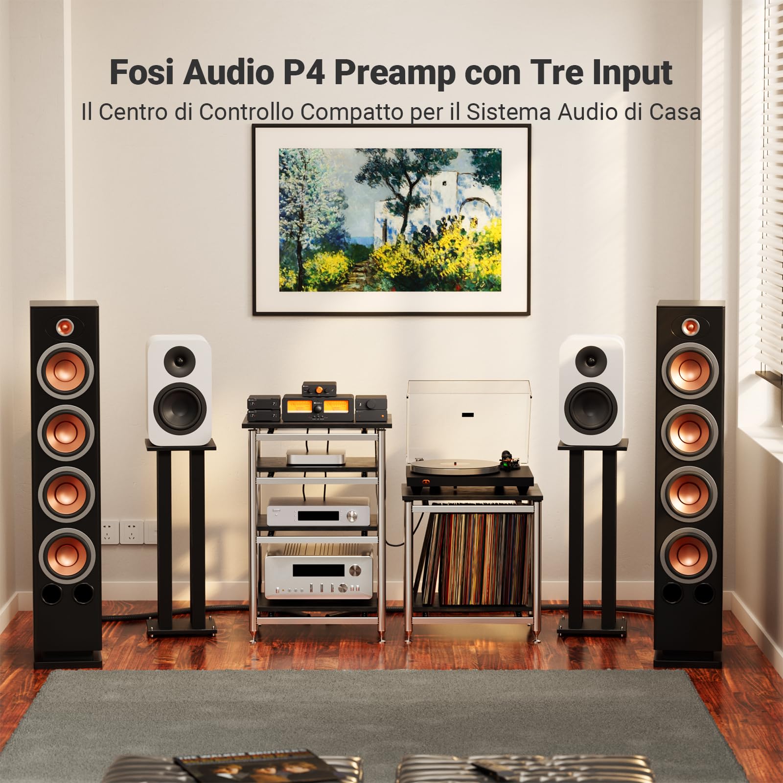Fosi Audio P4 Mini Preamplificatore Stereo con 3 Ingressi RCA, Guadagno Regolabile 3/6/9 dB, Controlli Bassi e Alti