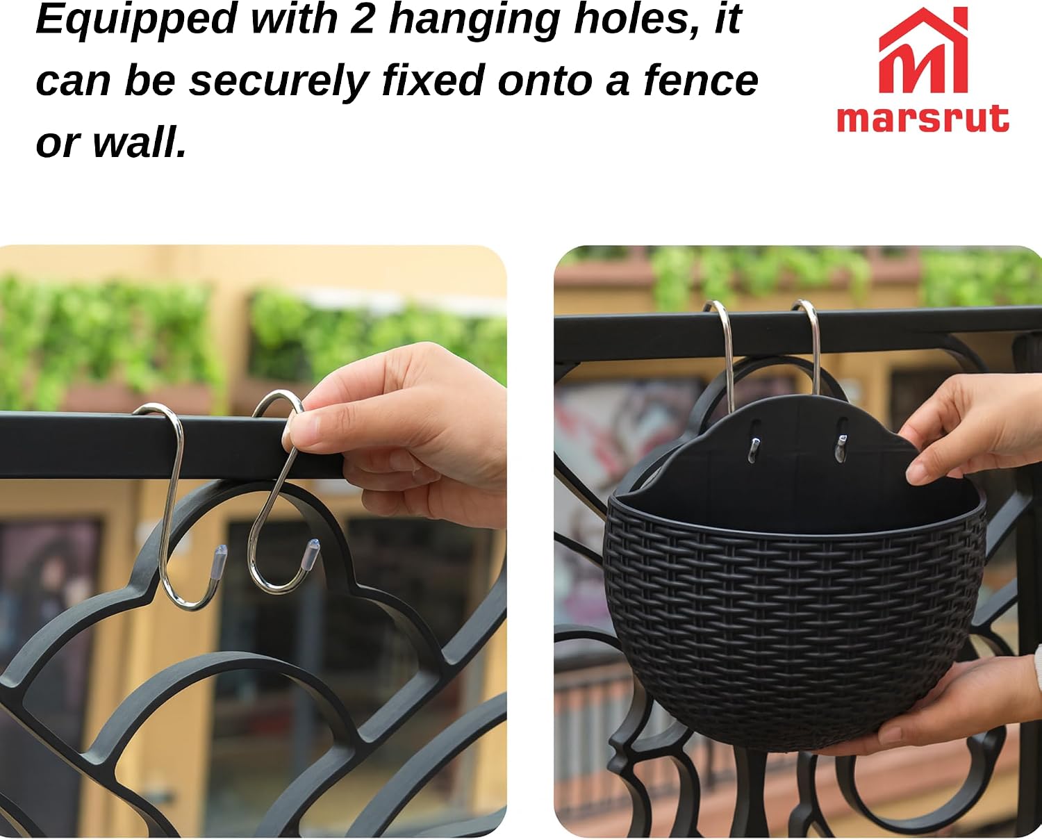 2pcs Semi Circle Hanging Wall Planter, Wall Mounted Half Round Flower Pot for Outdoor Indoor Decoration, Imitation Rattan Plastic Baskets Container with Hooks, Drainage, for Home Office Balcony Fence
