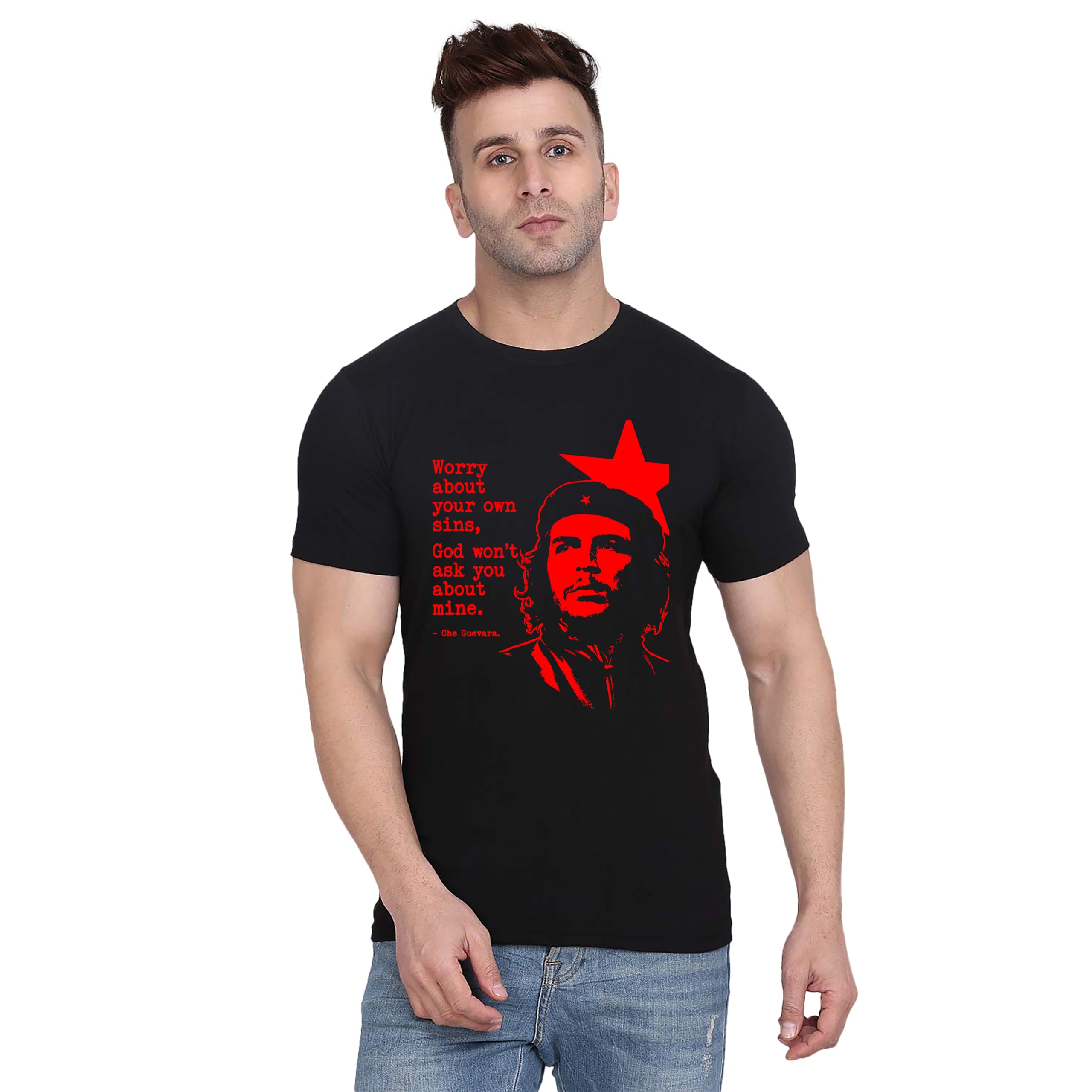 Fashion Love |Men's – Men's Che Guevara Graphic Printed T-Shirt | Worry About Your Own Sins Quote T-Shirt | Revolutionary Leader Portrait Half Sleeve| Cotton HSR-5501-image-45