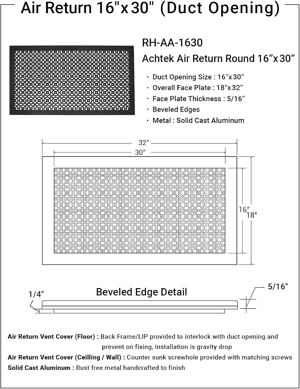 Achtek 16"x30" Duct (18"x32" Overall Size) Solid Cast Aluminum HVAC Air Return Grill Vent Cover | Powder Coated | for Wall-White with Screw Holes