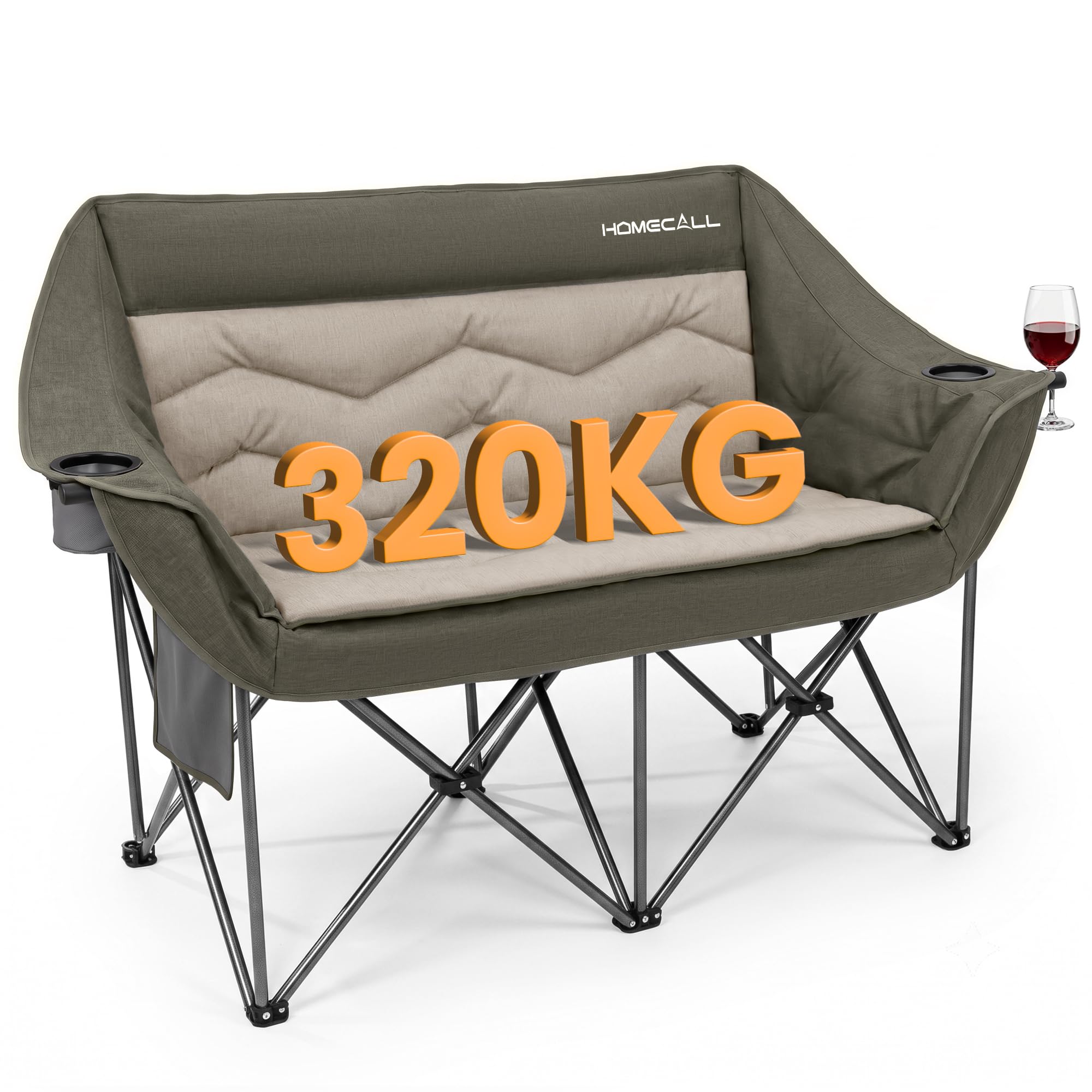 Camping Sofa faltbar XXL für 2 Personen, extra dick gepolstert, bis 320 kg | Luxus Campingcouch mit 107 cm Sitzbreite, hoher Rückenlehne und 2 Getränkehaltern – Campingbank für Camping, Garten & Balkon