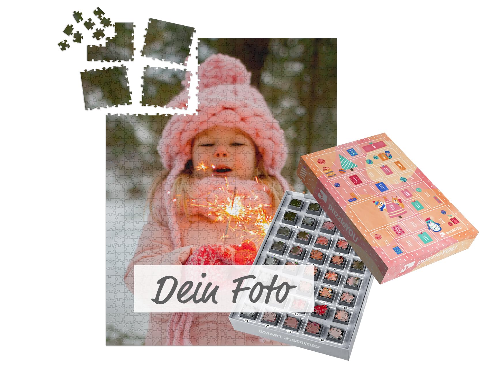 Persönlicher Puzzle Adventskalender - mit eigenem Bild als Fotopuzzle personalisierbar, 1000 Puzzleteile passend vorsortiert, jeden Tag ein passendes Puzzlesegment - Design "Farbenfroh"