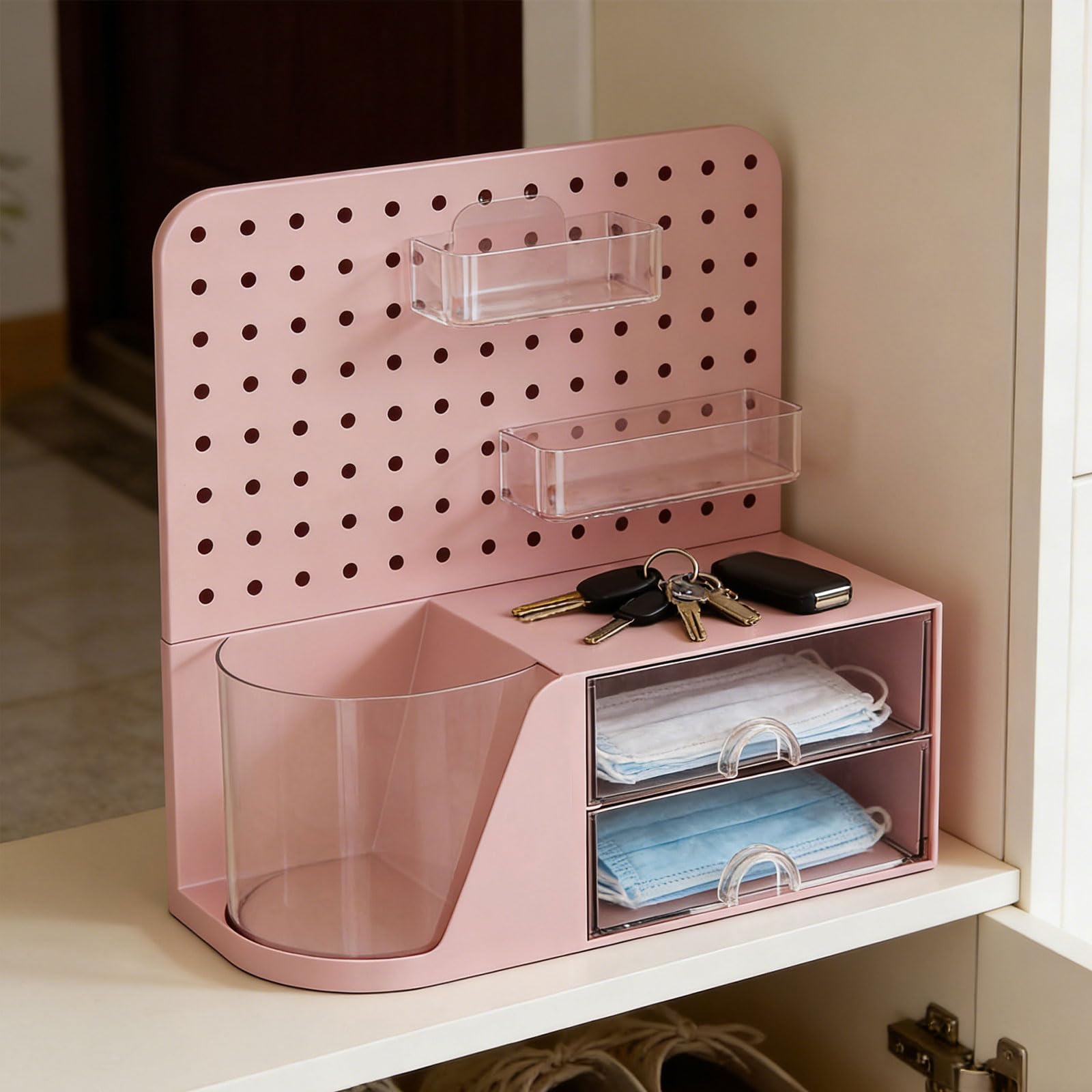 Organizador de escritorio multifuncional, tablero perforado con caja giratoria para bolígrafos y 2 cajones para organización de oficinas en hogar, planificador giratorio