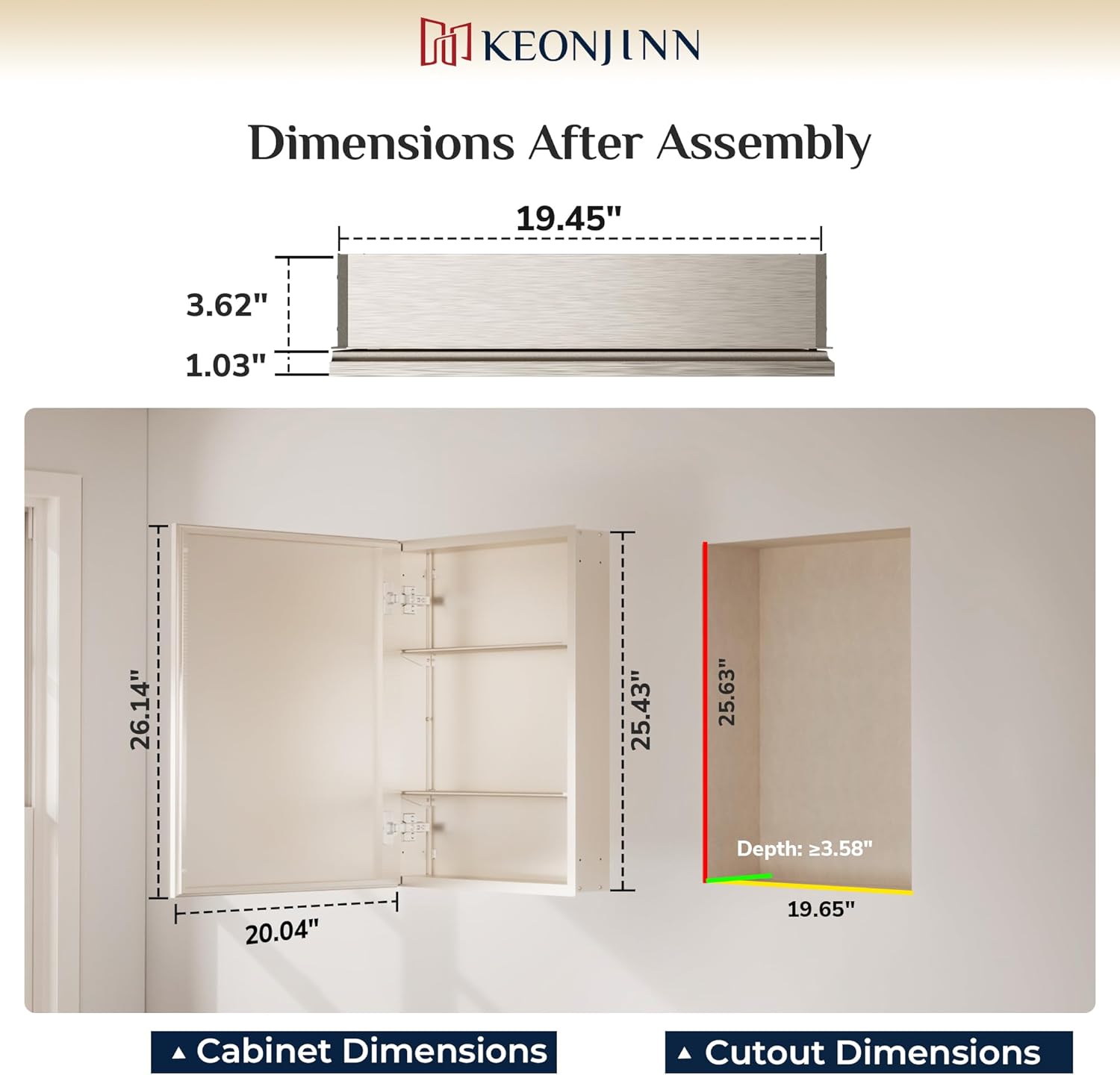 keonjinn medicine cabinet mirror 20" x 26", assembly needed, brushed nickel bathroom medicine cabinet with mirror, beveled framed, surface wall-mounted or recessed, shelves adjustable brushed nickel 20x26 in
