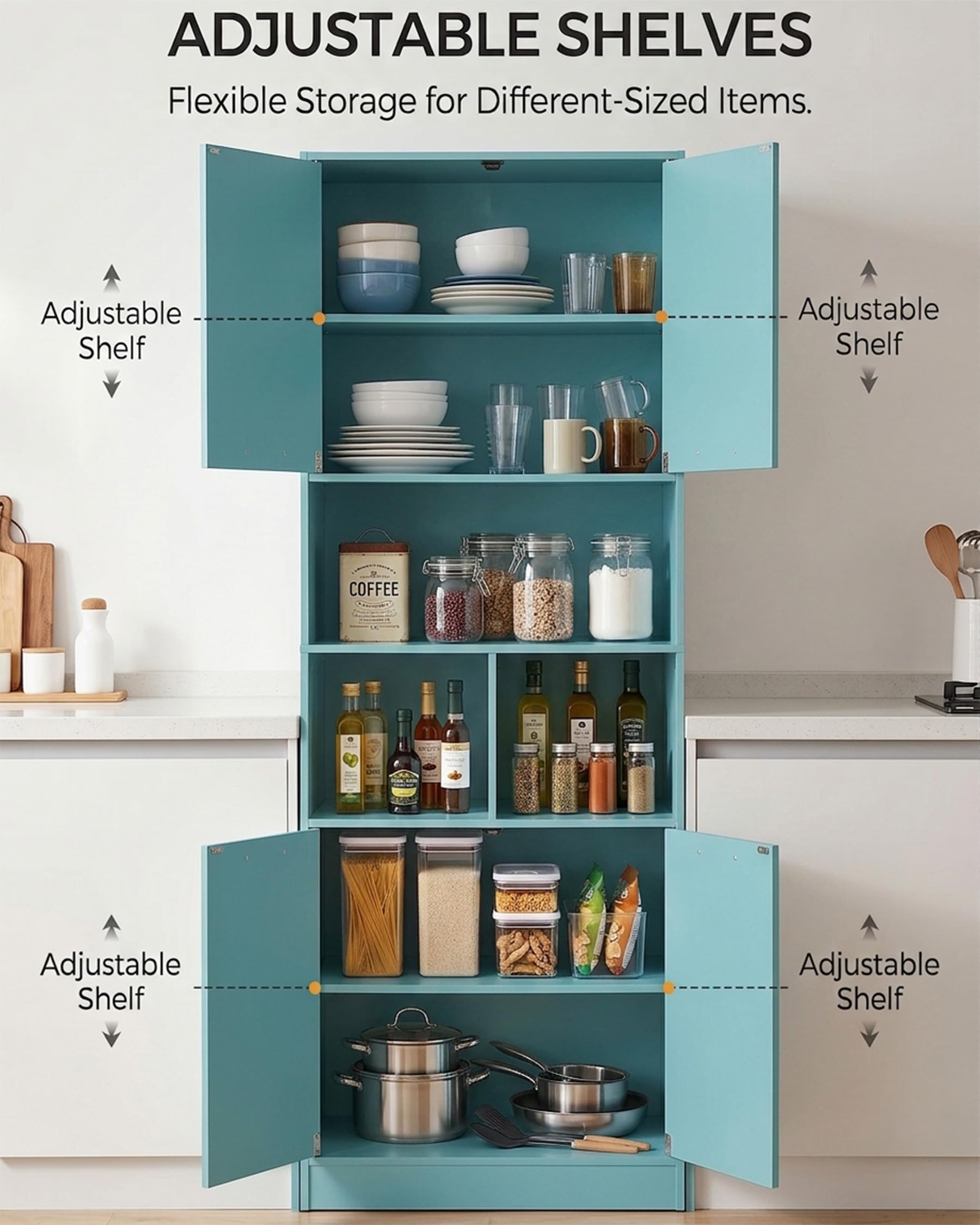 Mobile Cucina 60x40x180.5cm Credenza con Ripiani Regolabili Armadio Salvaspazio per Cucina Soggiorno Bagno Verde